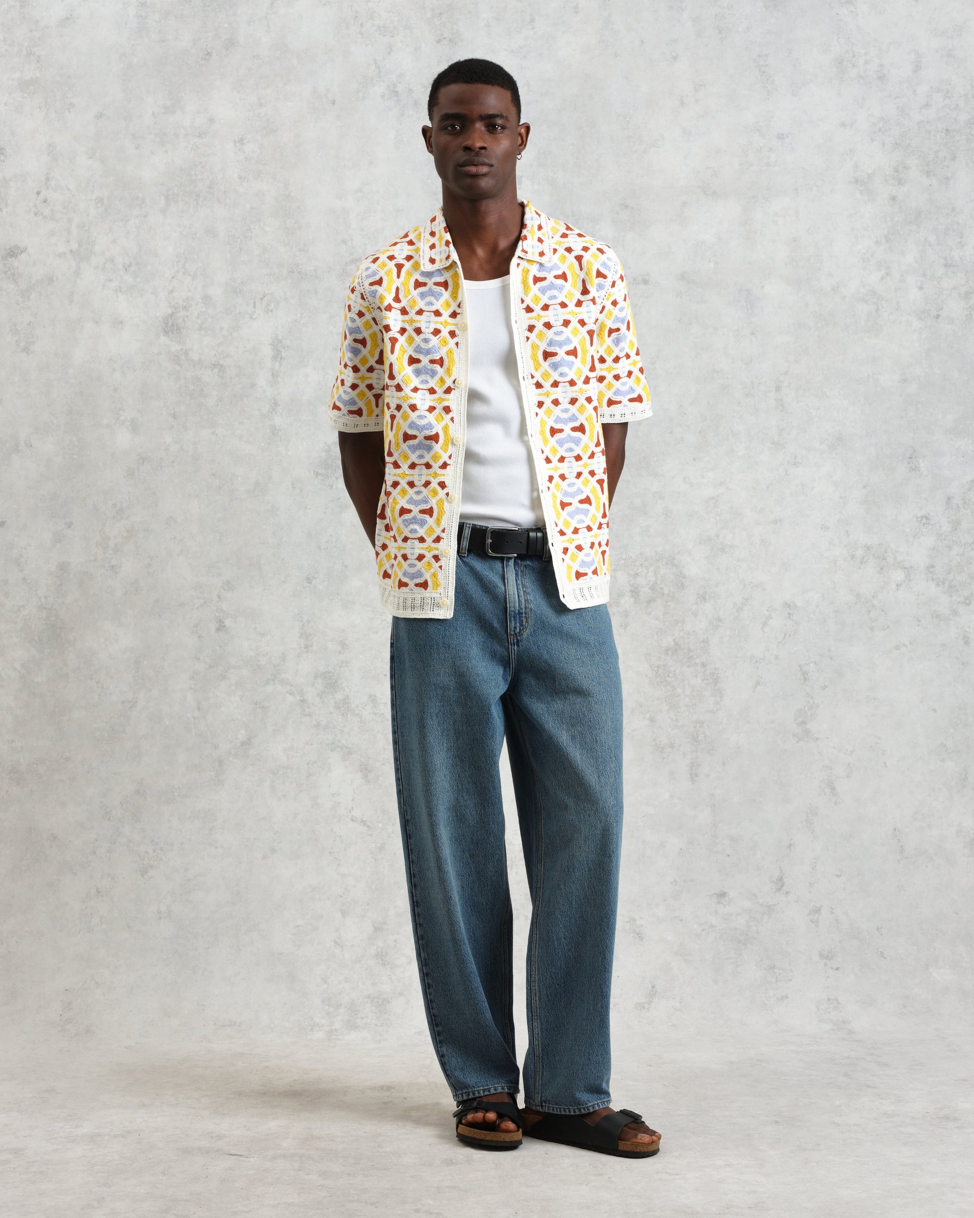 wax london men's Dorset - Ecru And Multicolour Crochet Knitted Polo Shirt