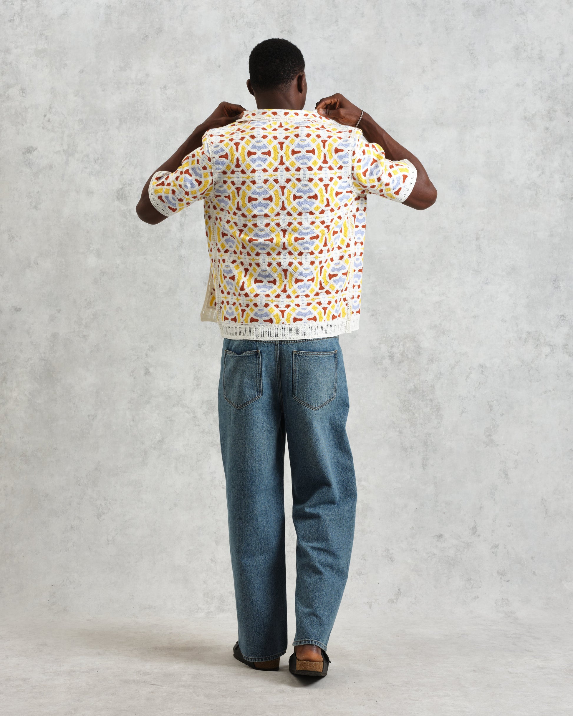 wax london men's Dorset - Ecru And Multicolour Crochet Knitted Polo Shirt