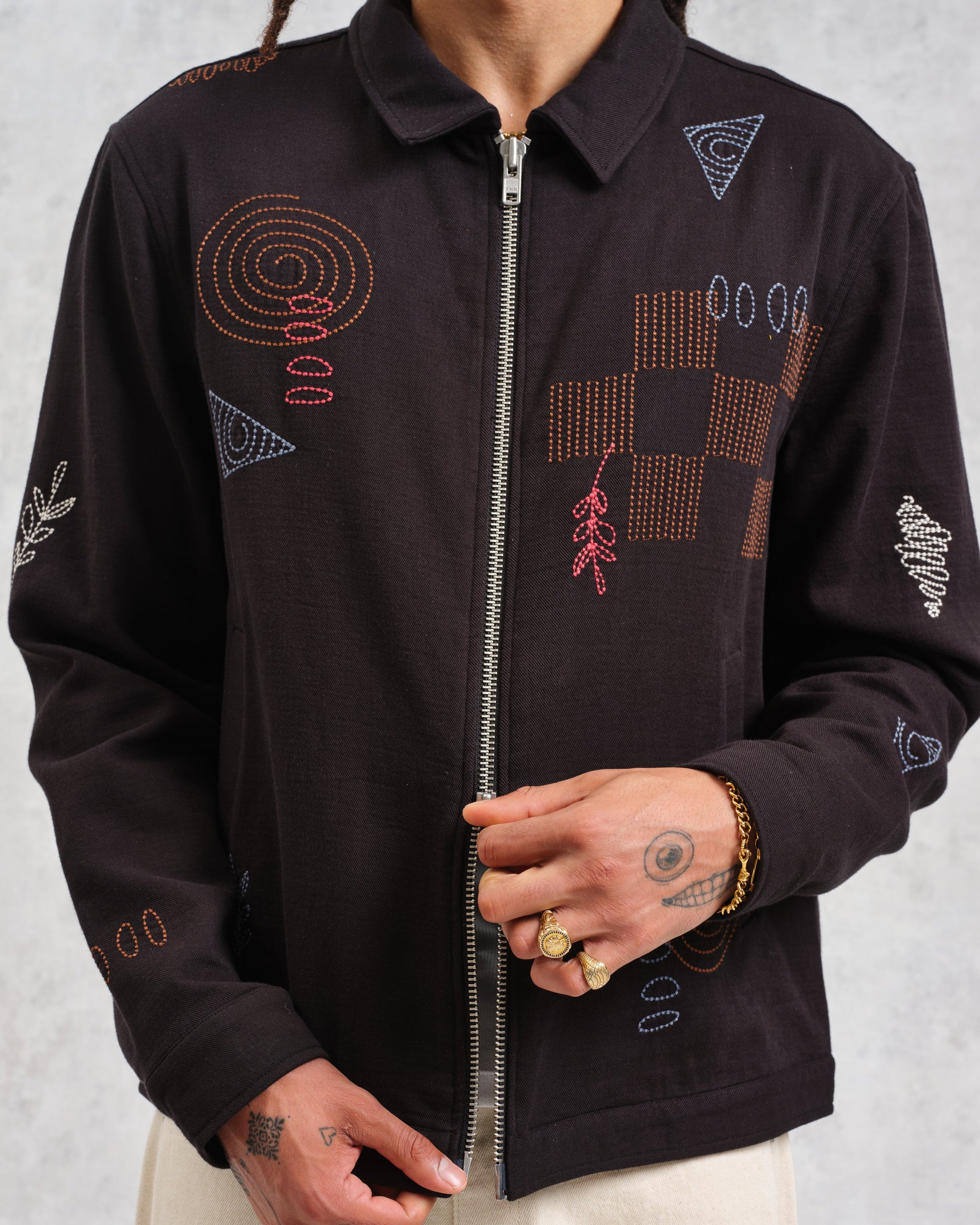 wax london men's Eldon - Black Doodle Embroidered Cotton Jacket