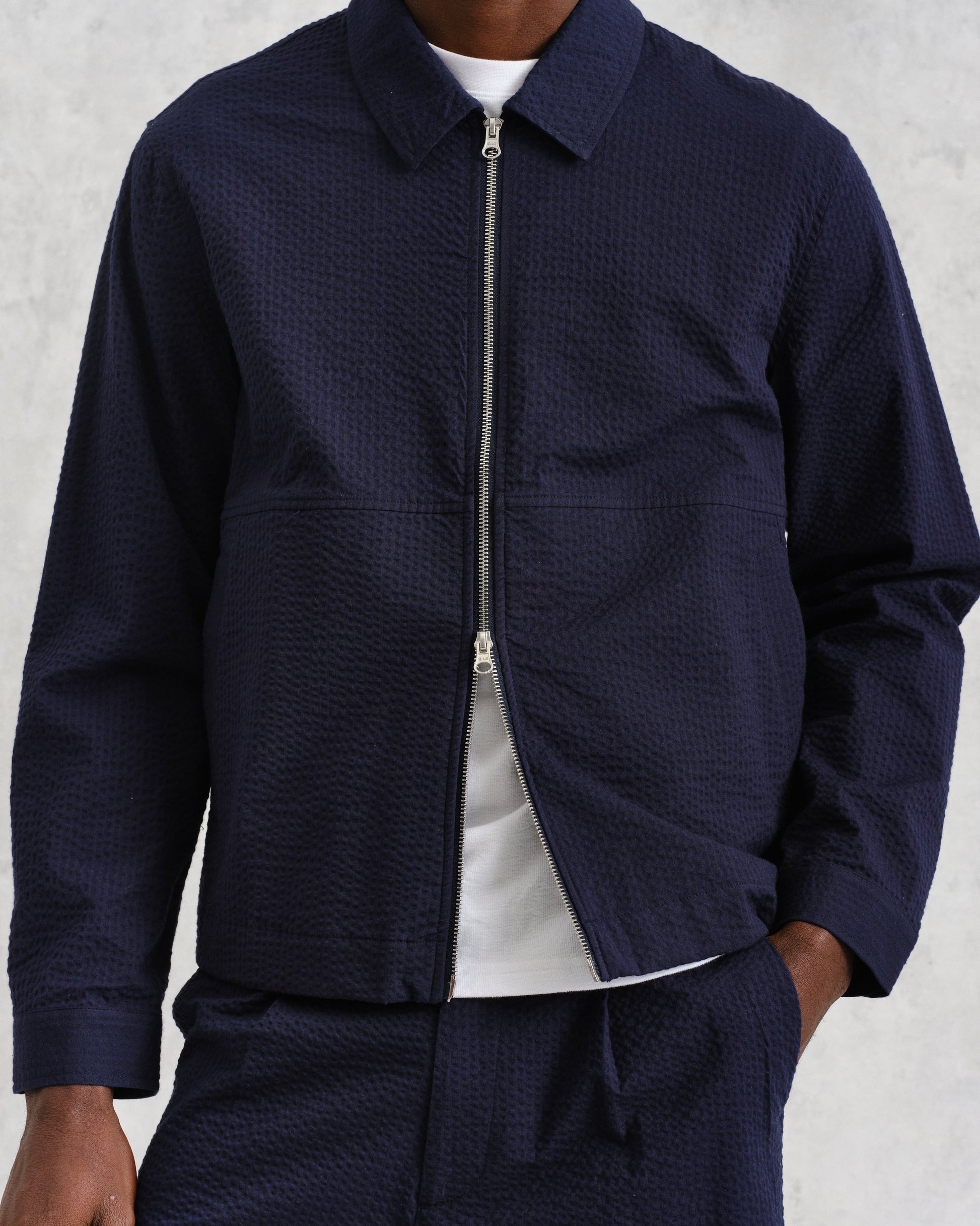wax london men's Eldon - Navy Cotton Seersucker Jacket