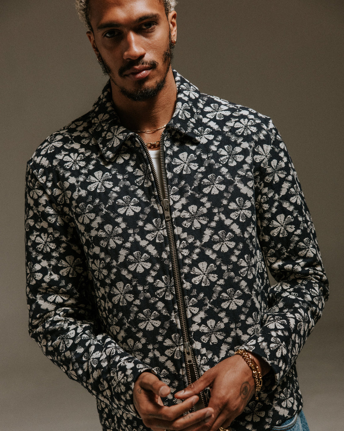 wax london men's Eldon - Navy Flower Stamp Jacquard Jacket