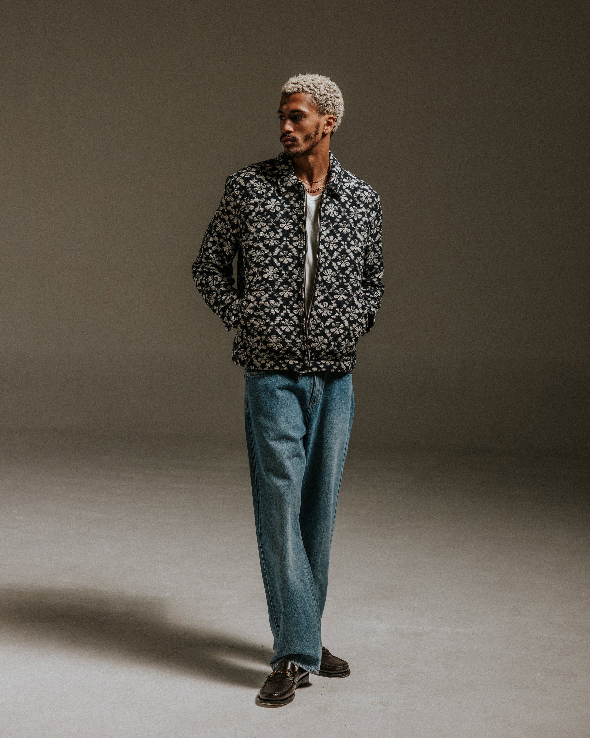 wax london men's Eldon - Navy Flower Stamp Jacquard Jacket