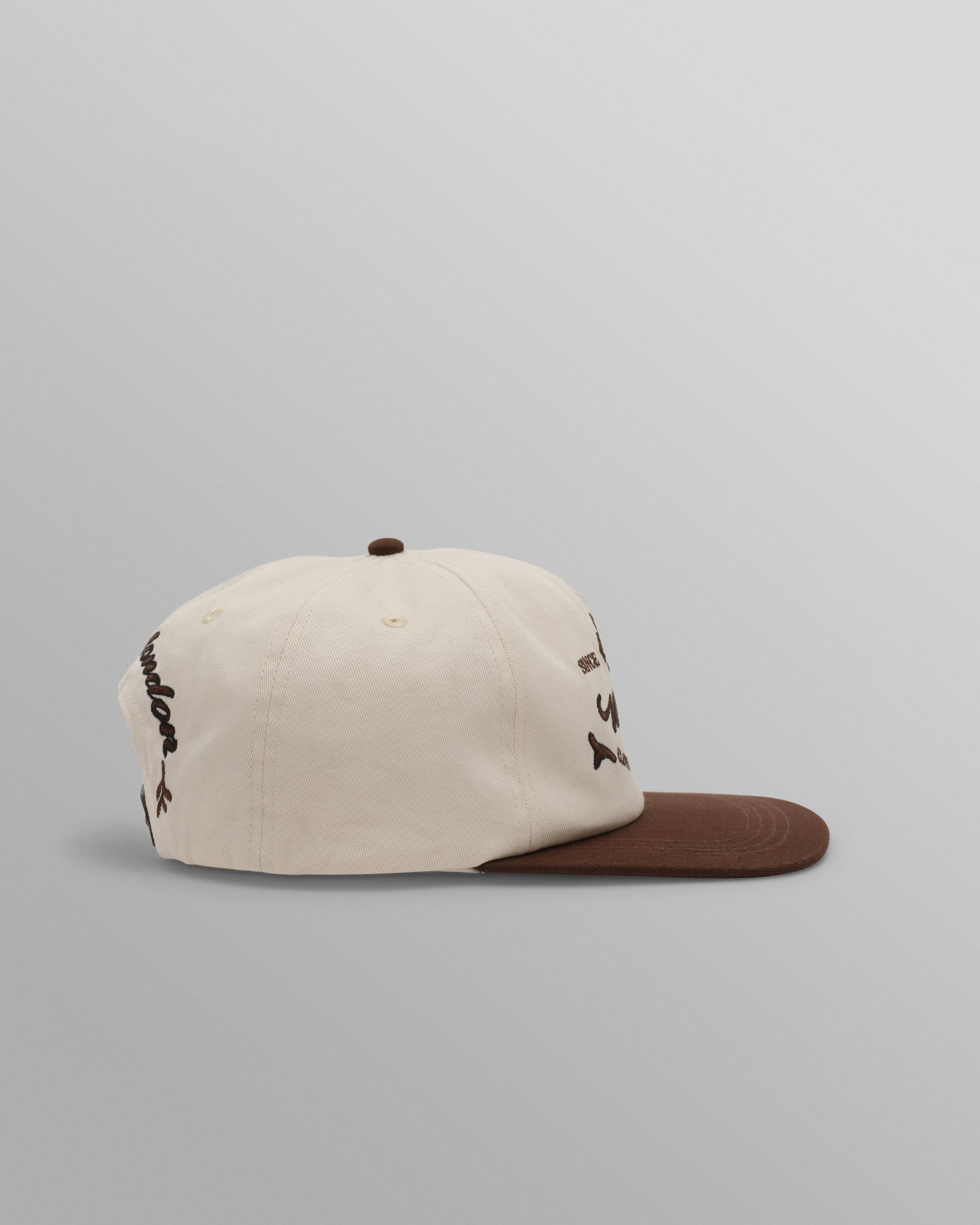 wax london men's Farrell - Ecru And Brown Script Crest Trucker Cap