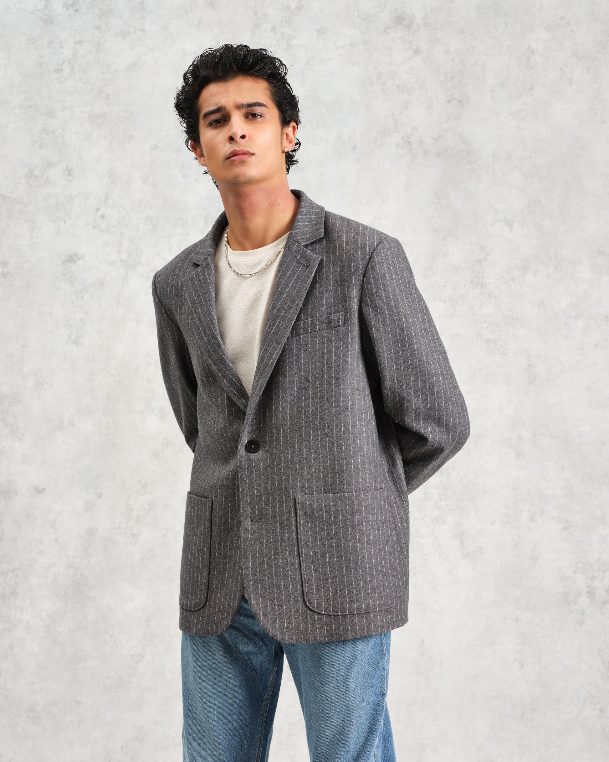 wax london men's Fintry - Charcoal Grey Pinstripe Wool Blazer
