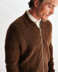 wax london men's Friar - Brown Brush Cable Knit Zip Cardigan