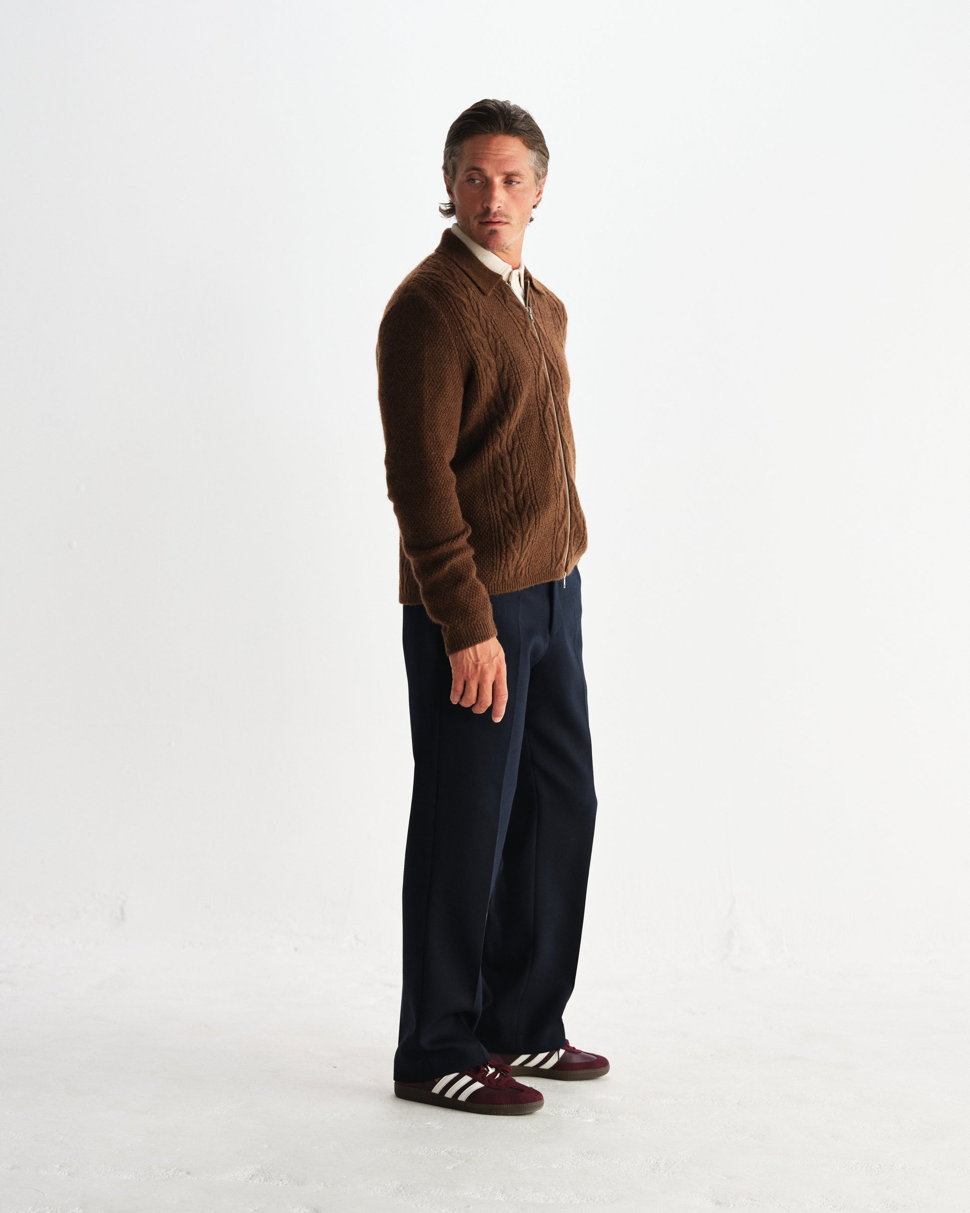 wax london men's Friar - Brown Brush Cable Knit Zip Cardigan