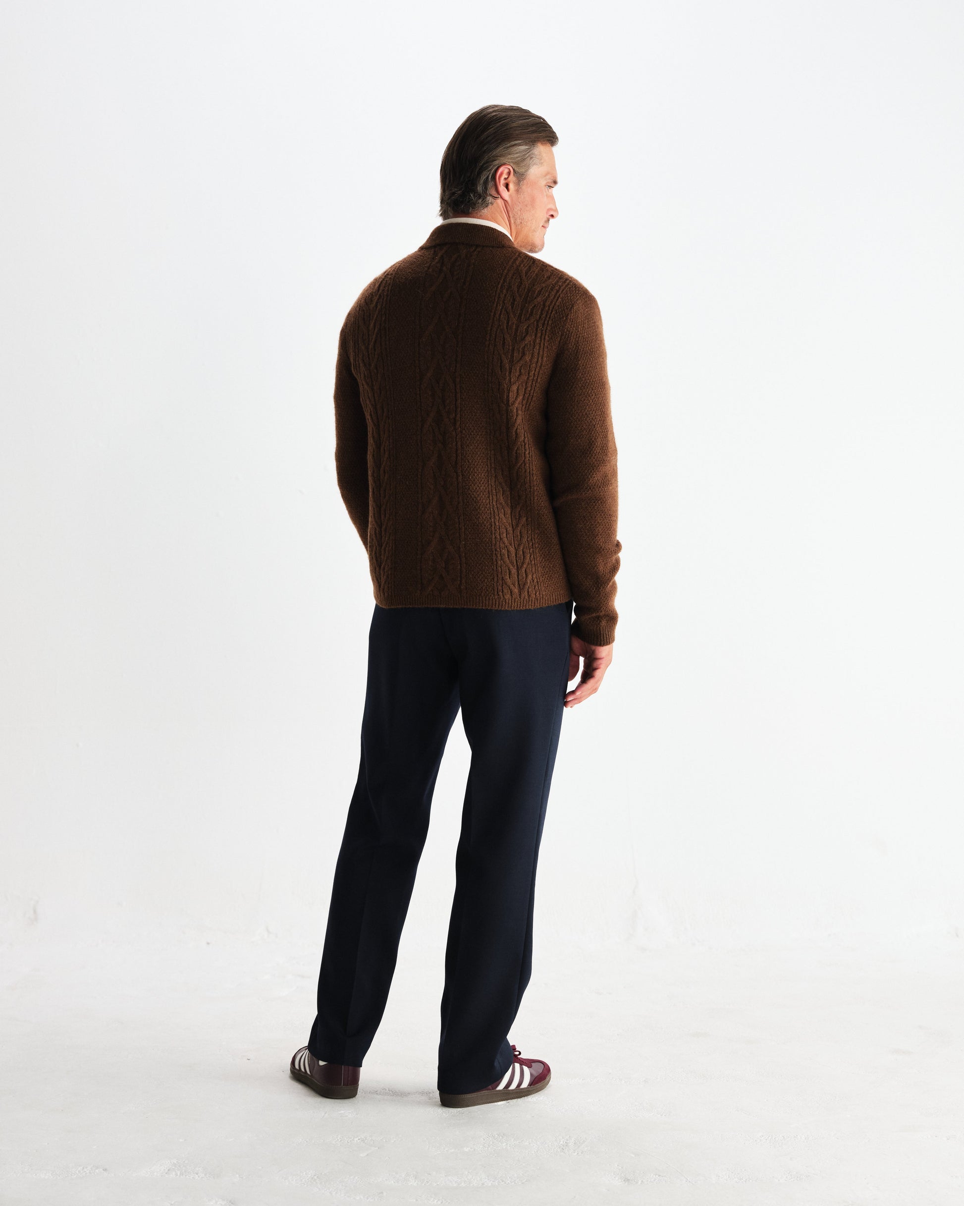 wax london men's Friar - Brown Brush Cable Knit Zip Cardigan