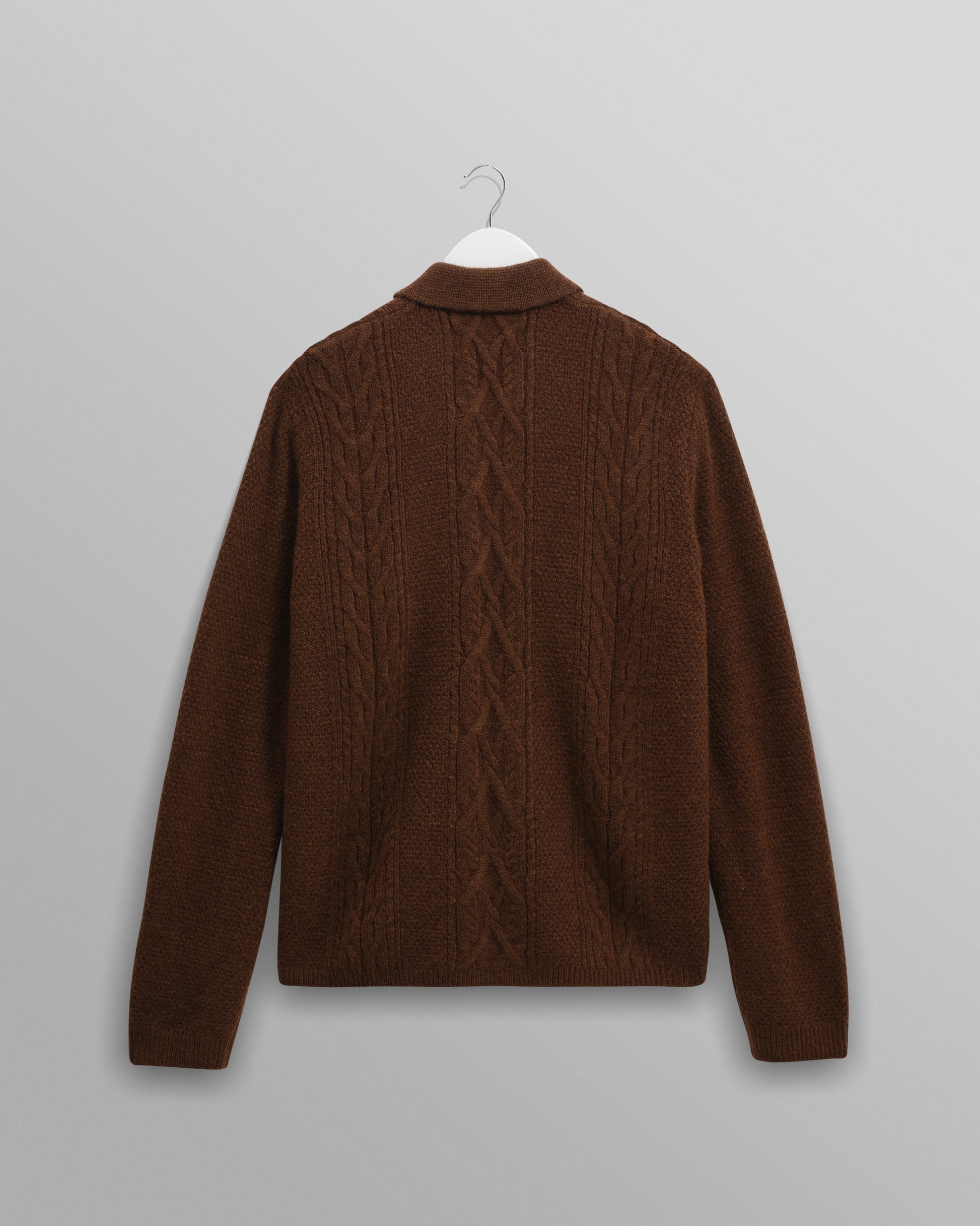 wax london men's Friar - Brown Brush Cable Knit Zip Cardigan