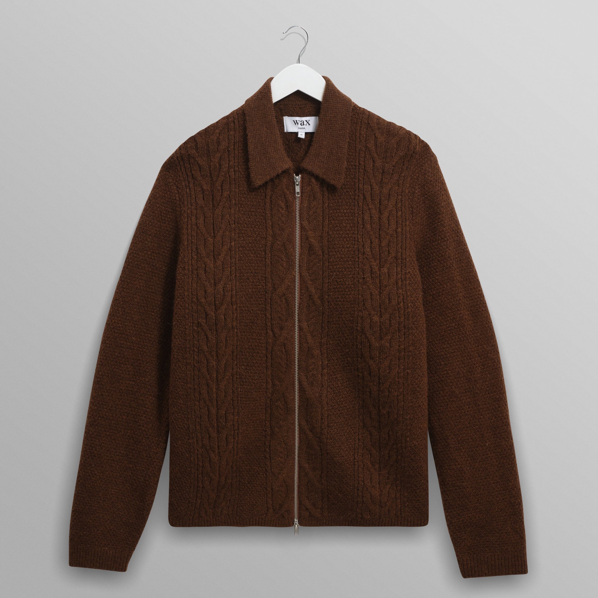 wax london men's Friar - Brown Brush Cable Knit Zip Cardigan