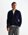 wax london men's Friar - Navy Brush Cable Knit Zip Cardigan