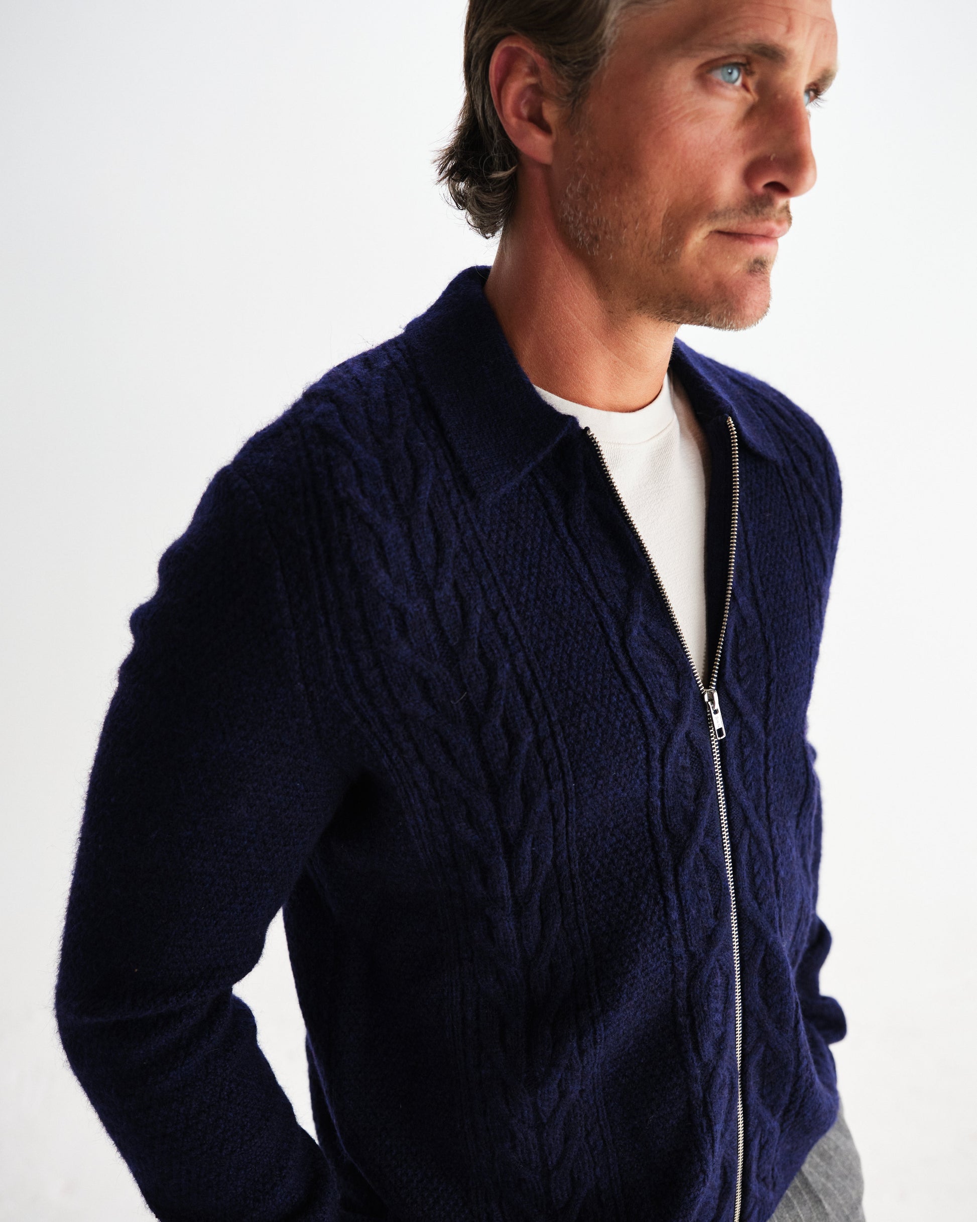 wax london men's Friar - Navy Brush Cable Knit Zip Cardigan