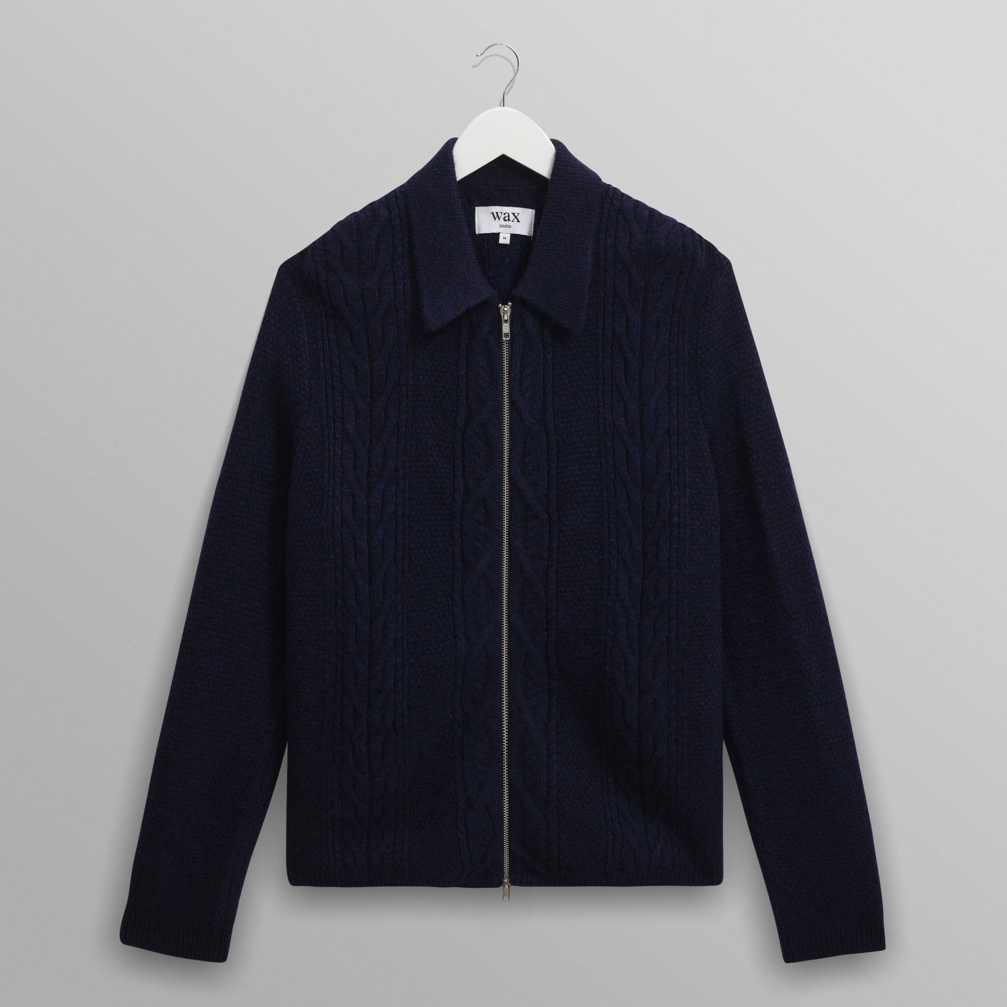 wax london men's Friar - Navy Brush Cable Knit Zip Cardigan
