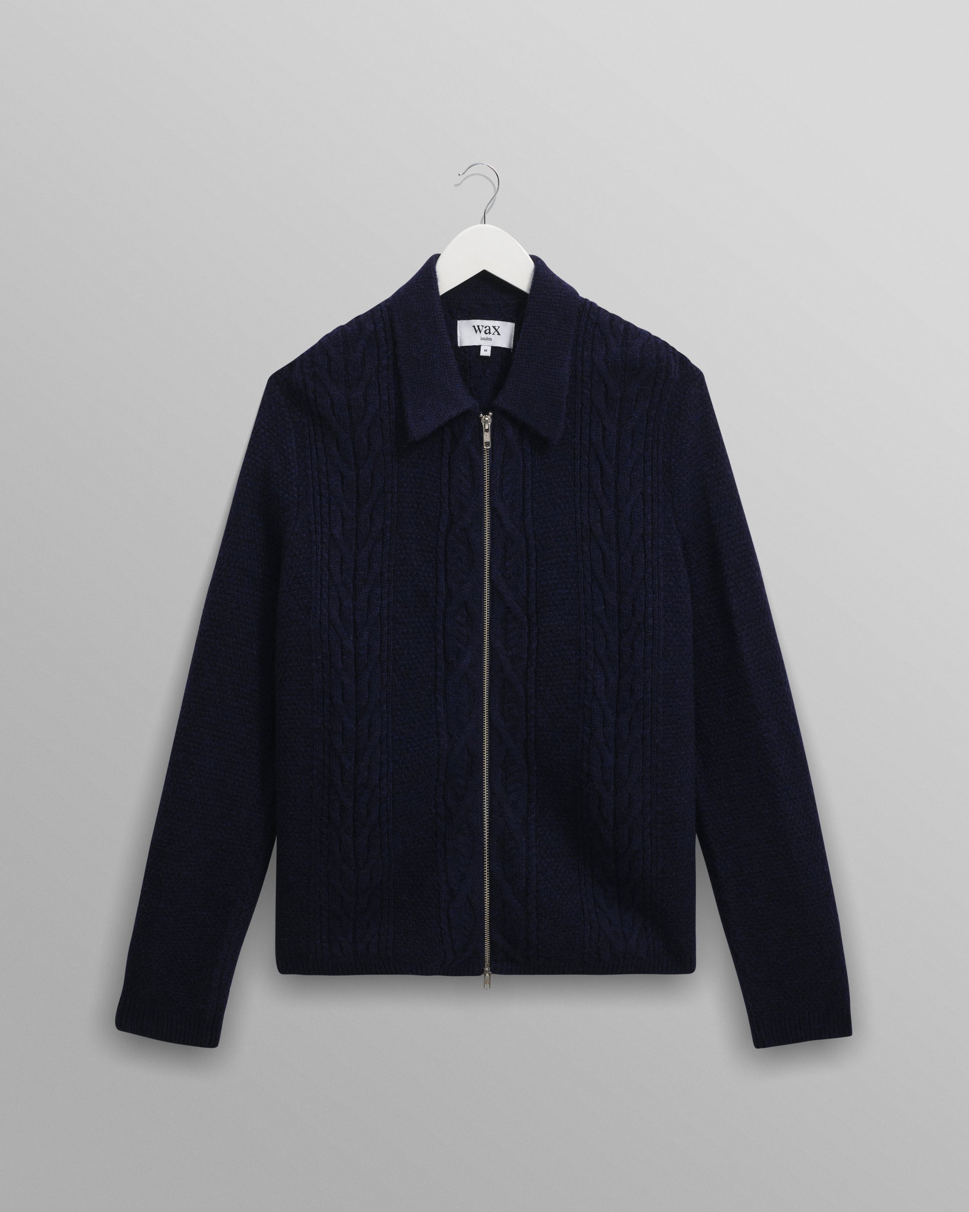 wax london men's Friar - Navy Brush Cable Knit Zip Cardigan