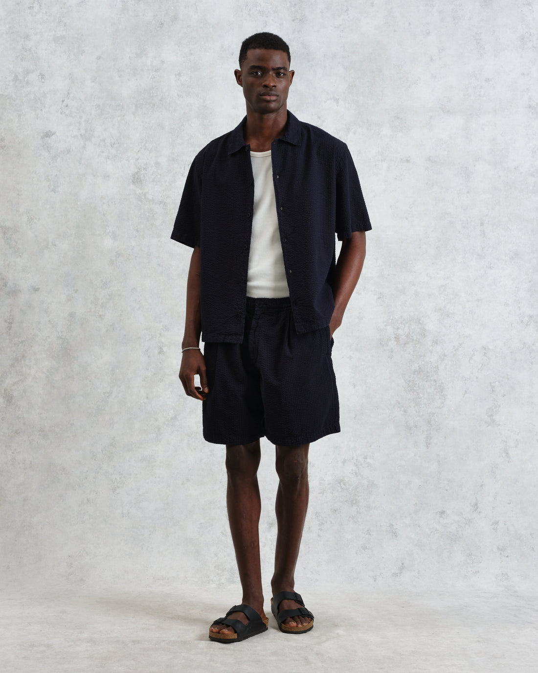 wax london men's Fuller - Navy Cotton Seersucker Shorts