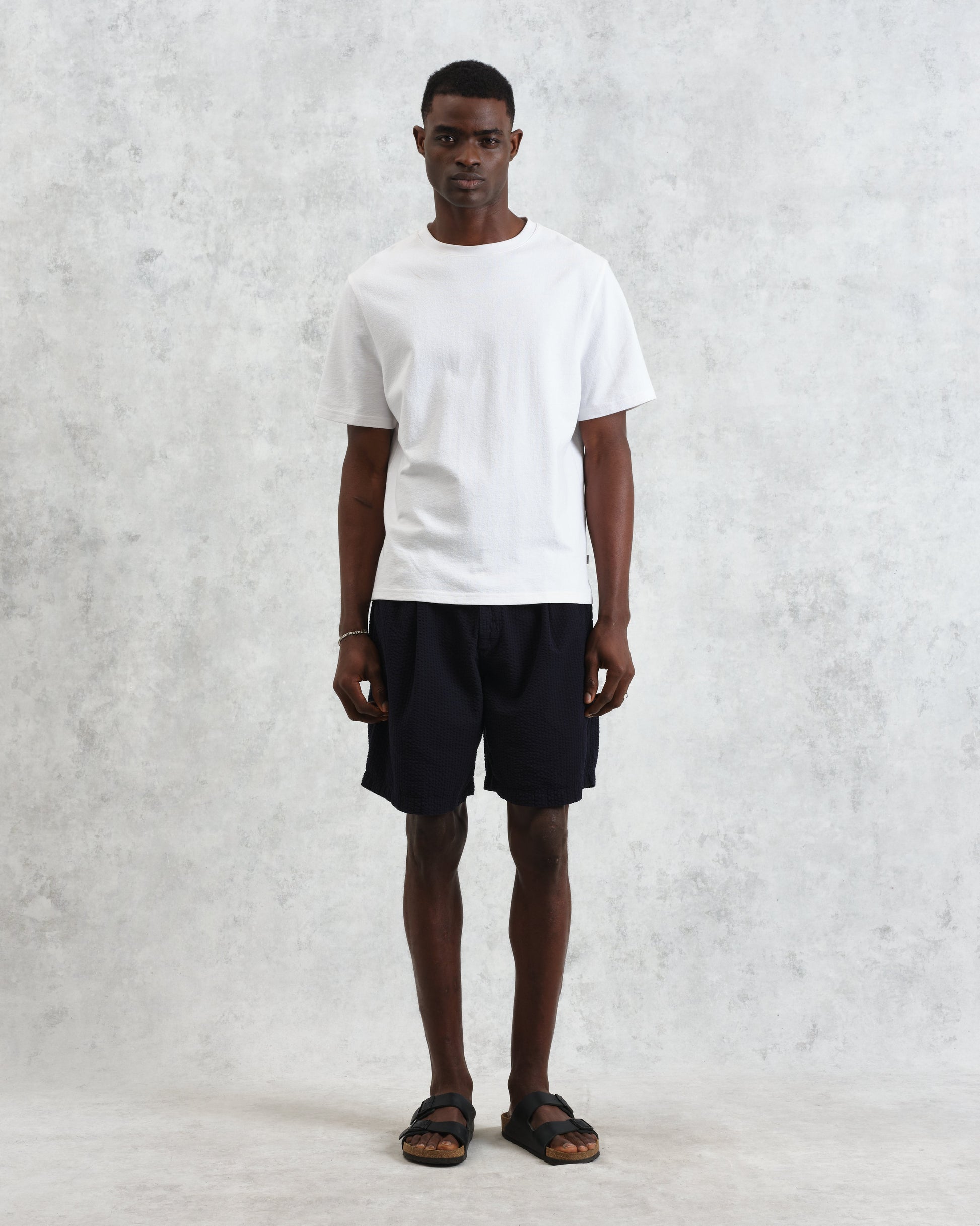 wax london men's Fuller - Navy Cotton Seersucker Shorts