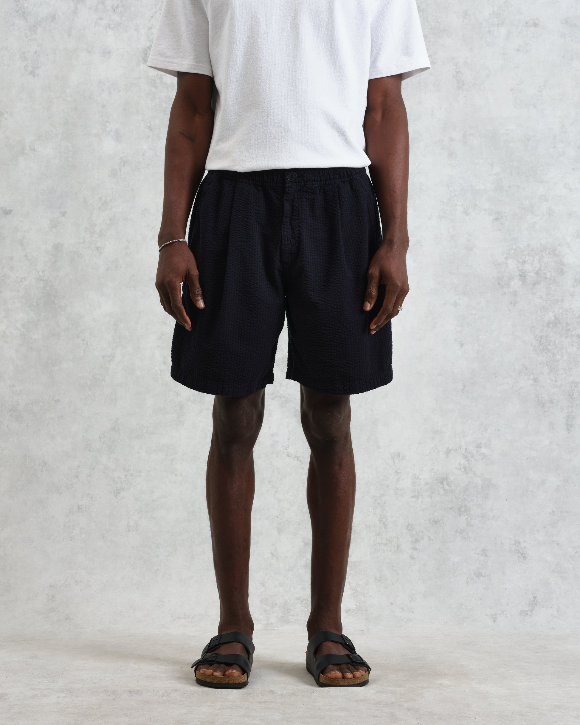 wax london men's Fuller - Navy Cotton Seersucker Shorts