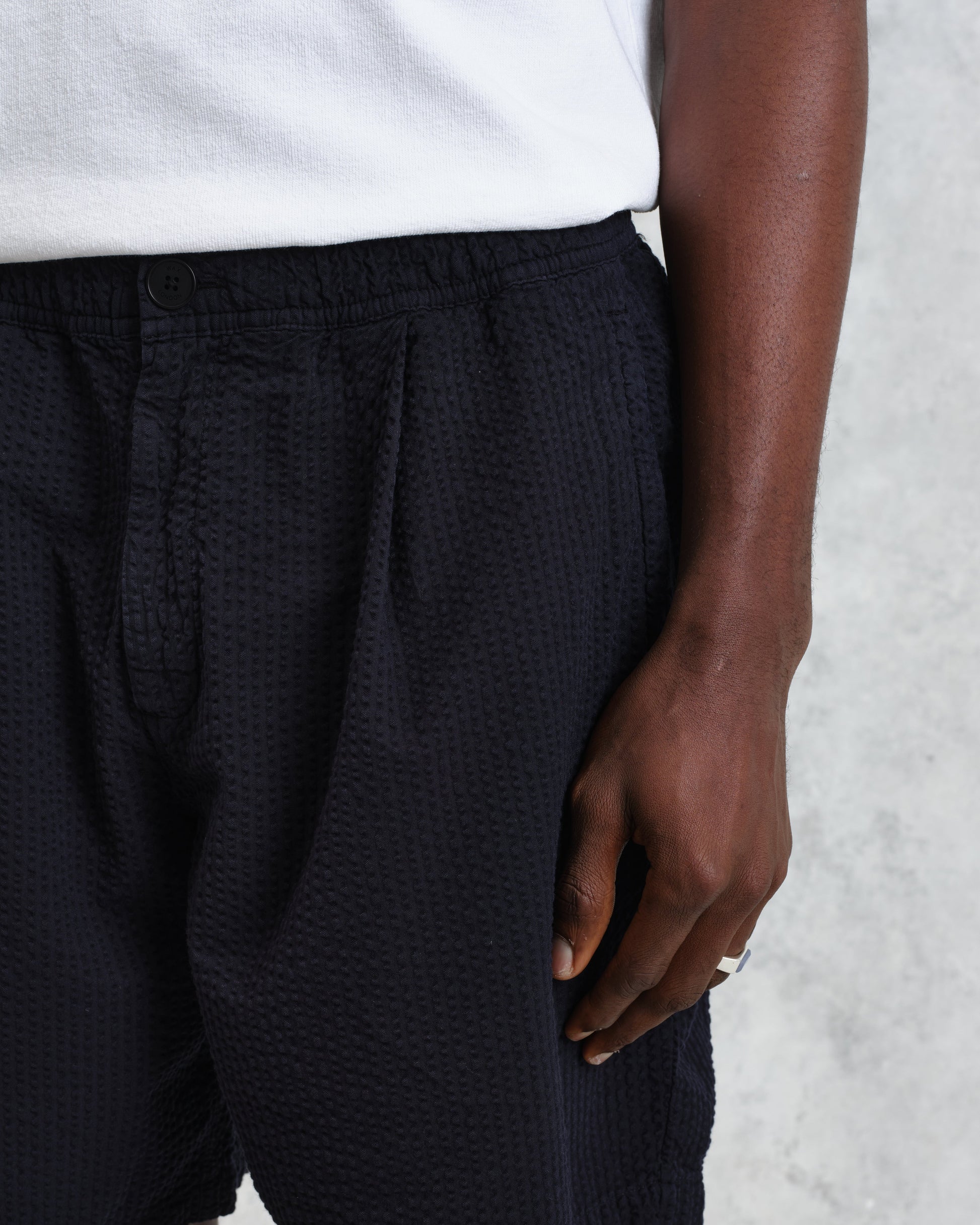 wax london men's Fuller - Navy Cotton Seersucker Shorts