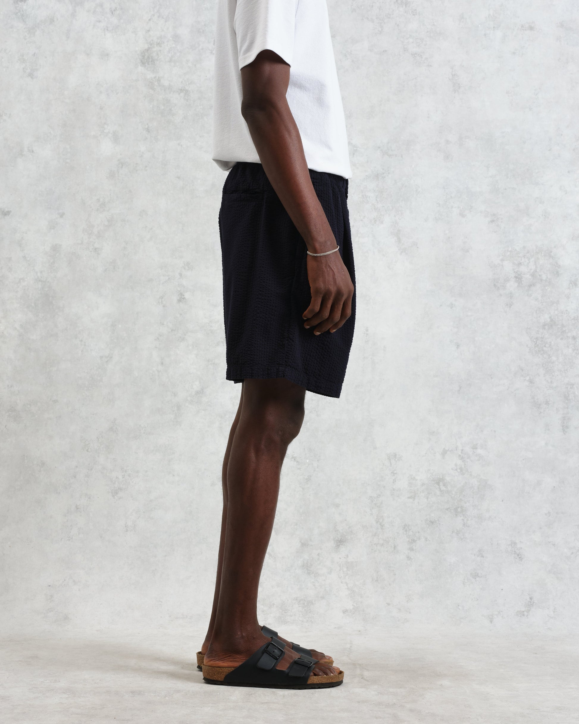 wax london men's Fuller - Navy Cotton Seersucker Shorts