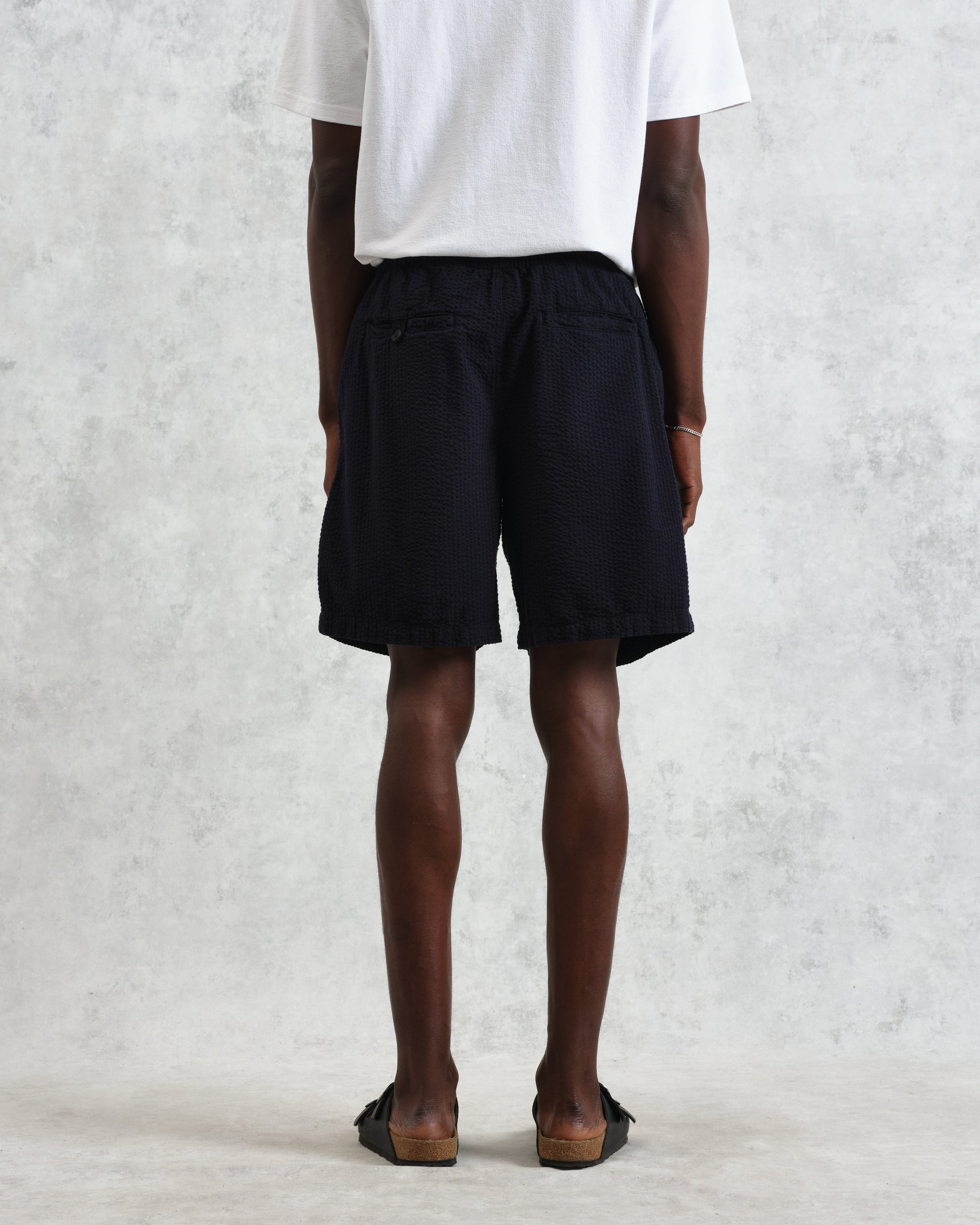 wax london men's Fuller - Navy Cotton Seersucker Shorts