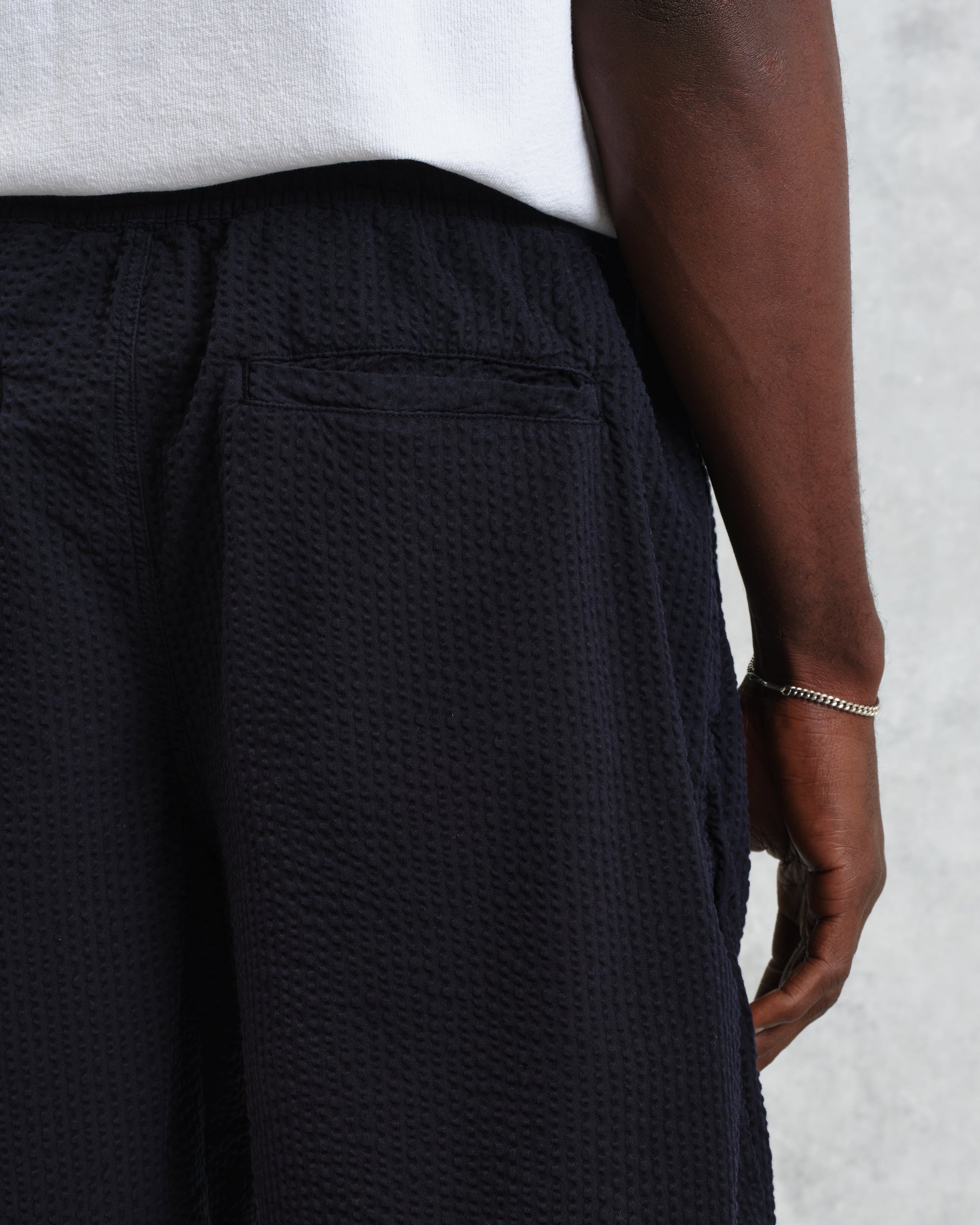 wax london men's Fuller - Navy Cotton Seersucker Shorts