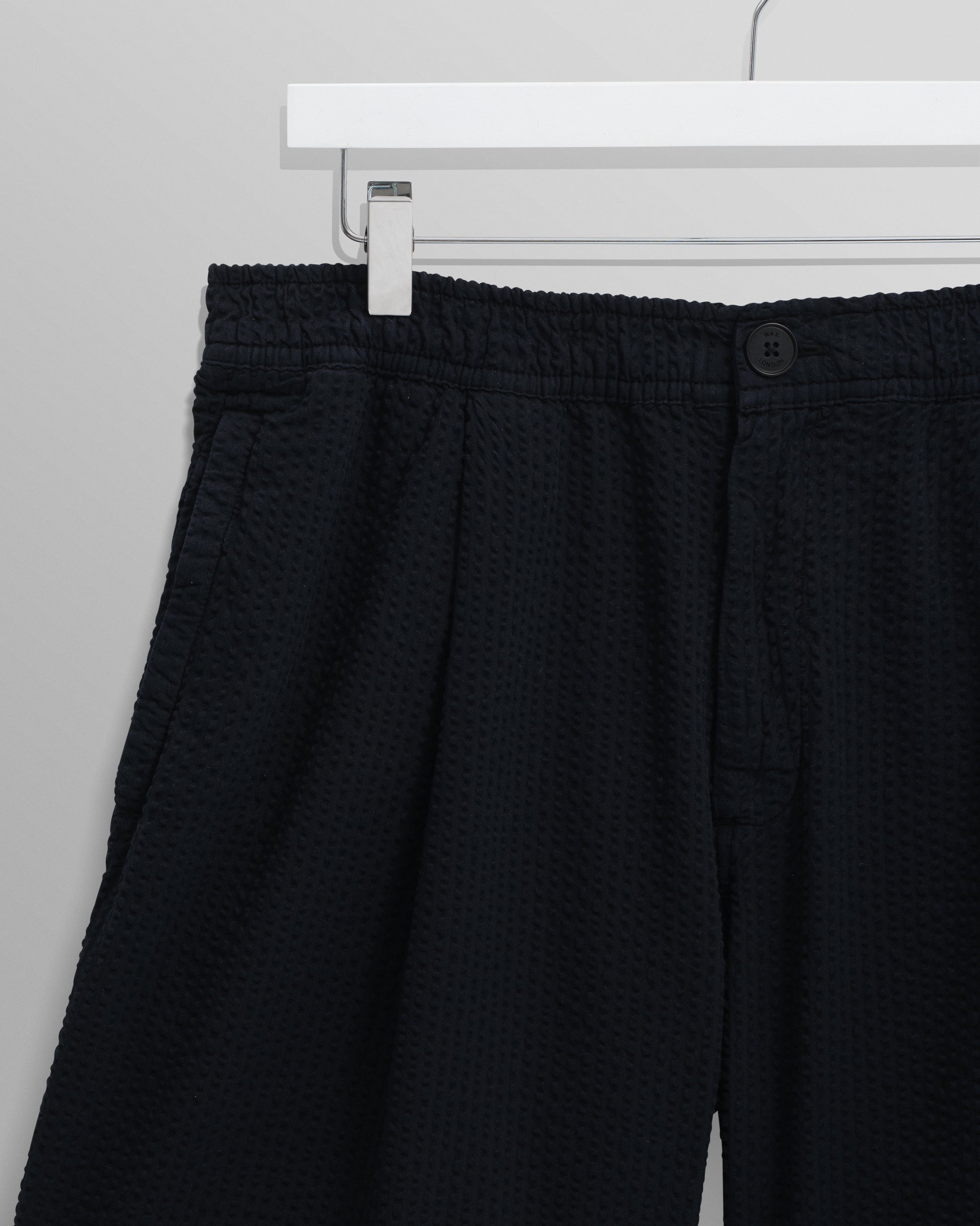 wax london men's Fuller - Navy Cotton Seersucker Shorts