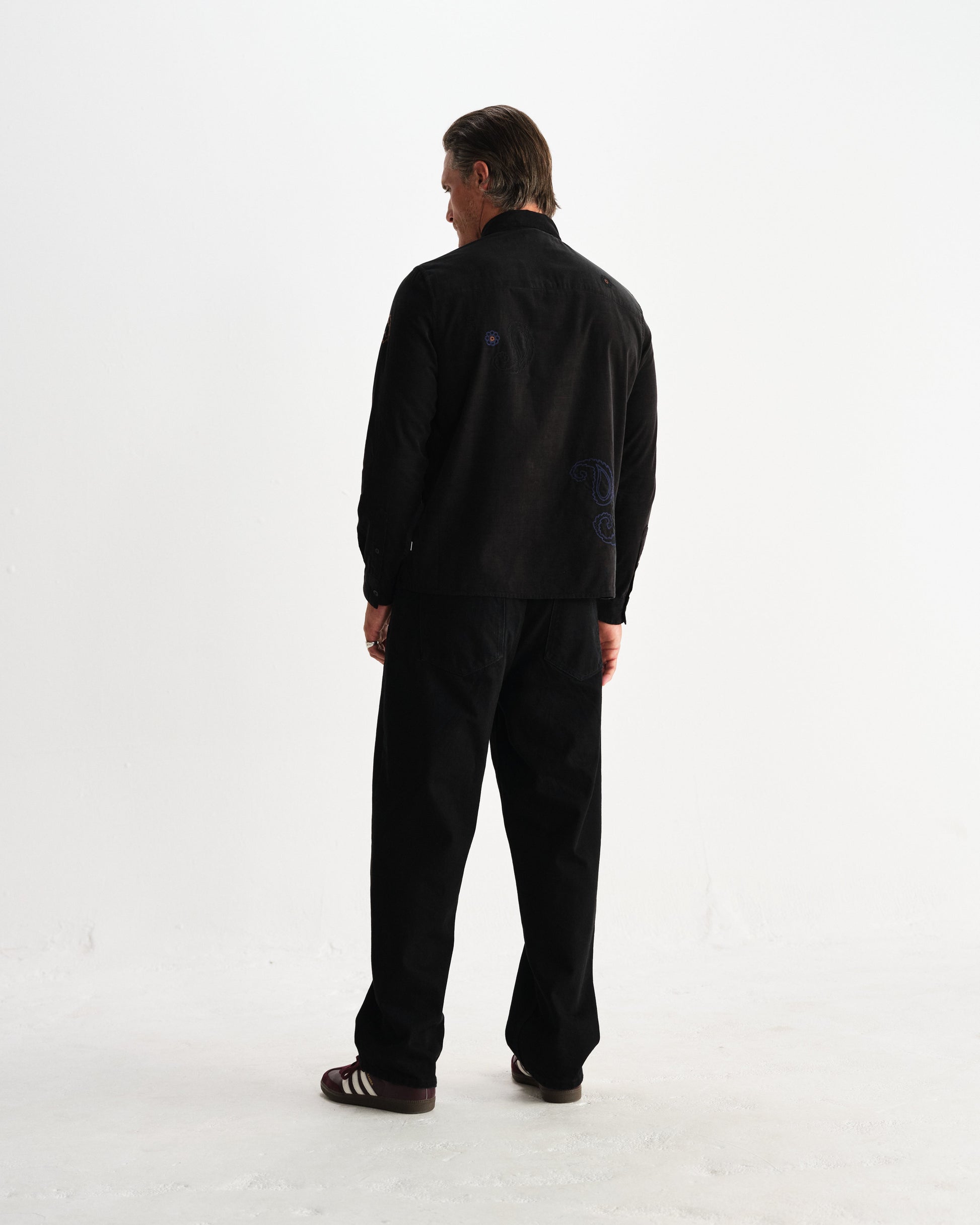 wax london men's Halcomb - Black And Multicolour Applique Corduroy Shirt