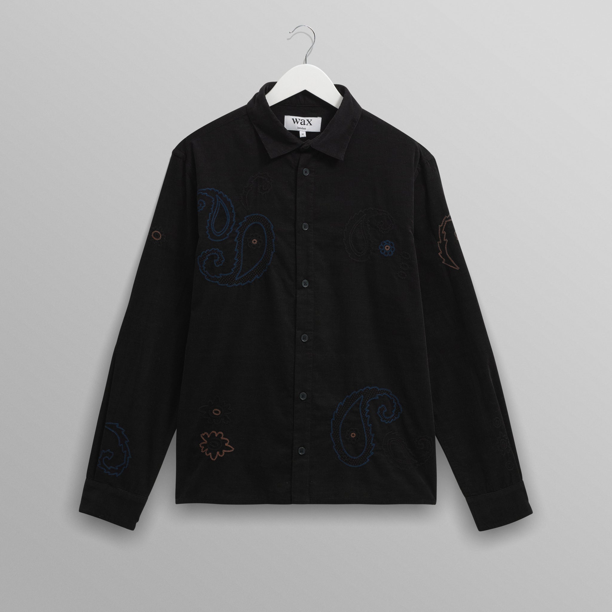 wax london men's Halcomb - Black And Multicolour Applique Corduroy Shirt