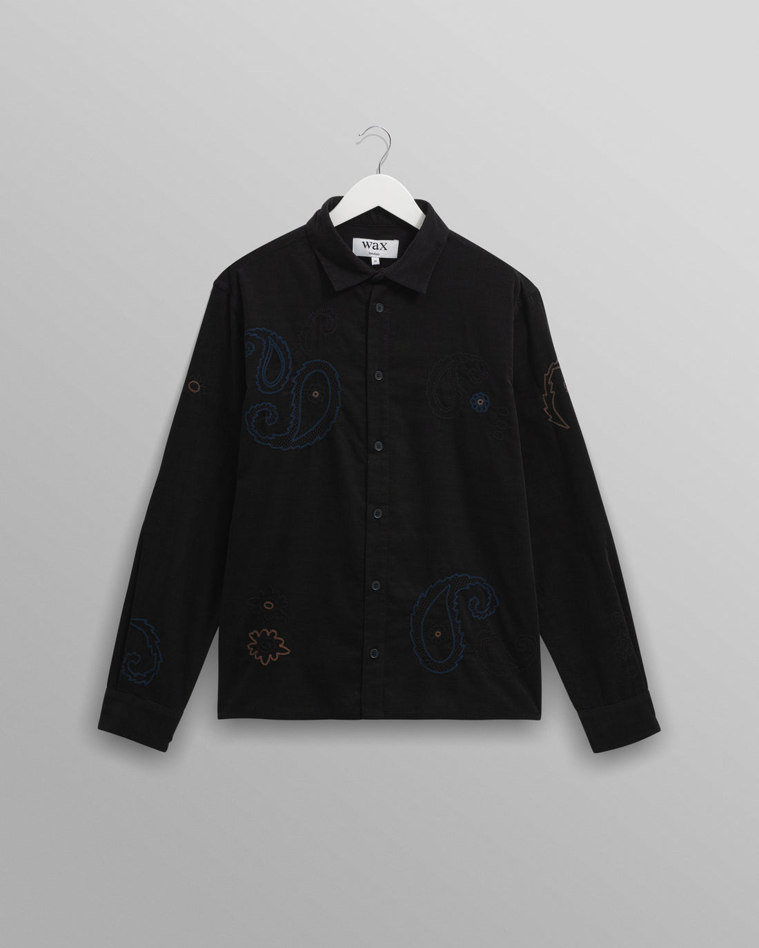 wax london men's Halcomb - Black And Multicolour Applique Corduroy Shirt
