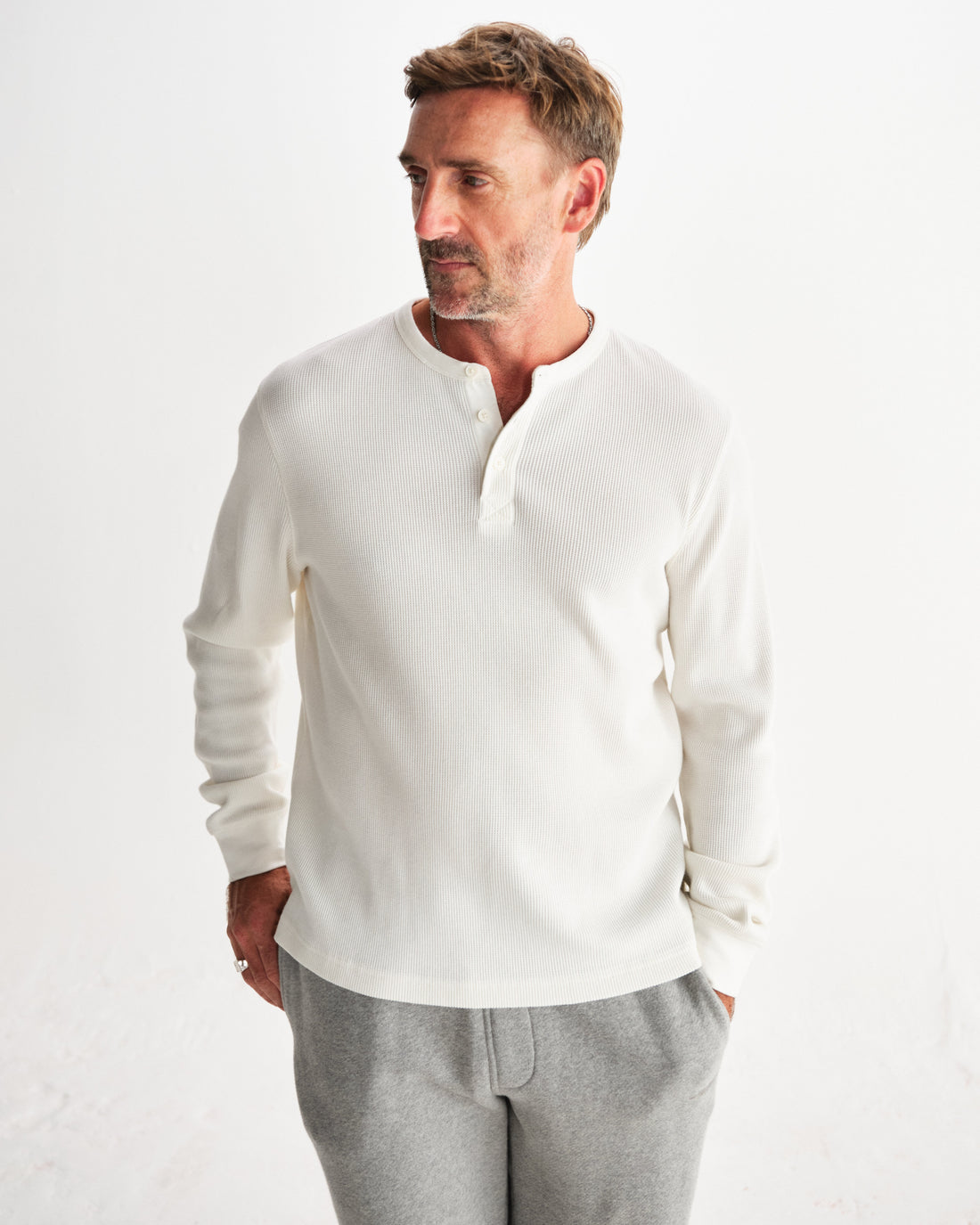 wax london men's Halton - Ecru Waffle Long-Sleeve Henley T-Shirt