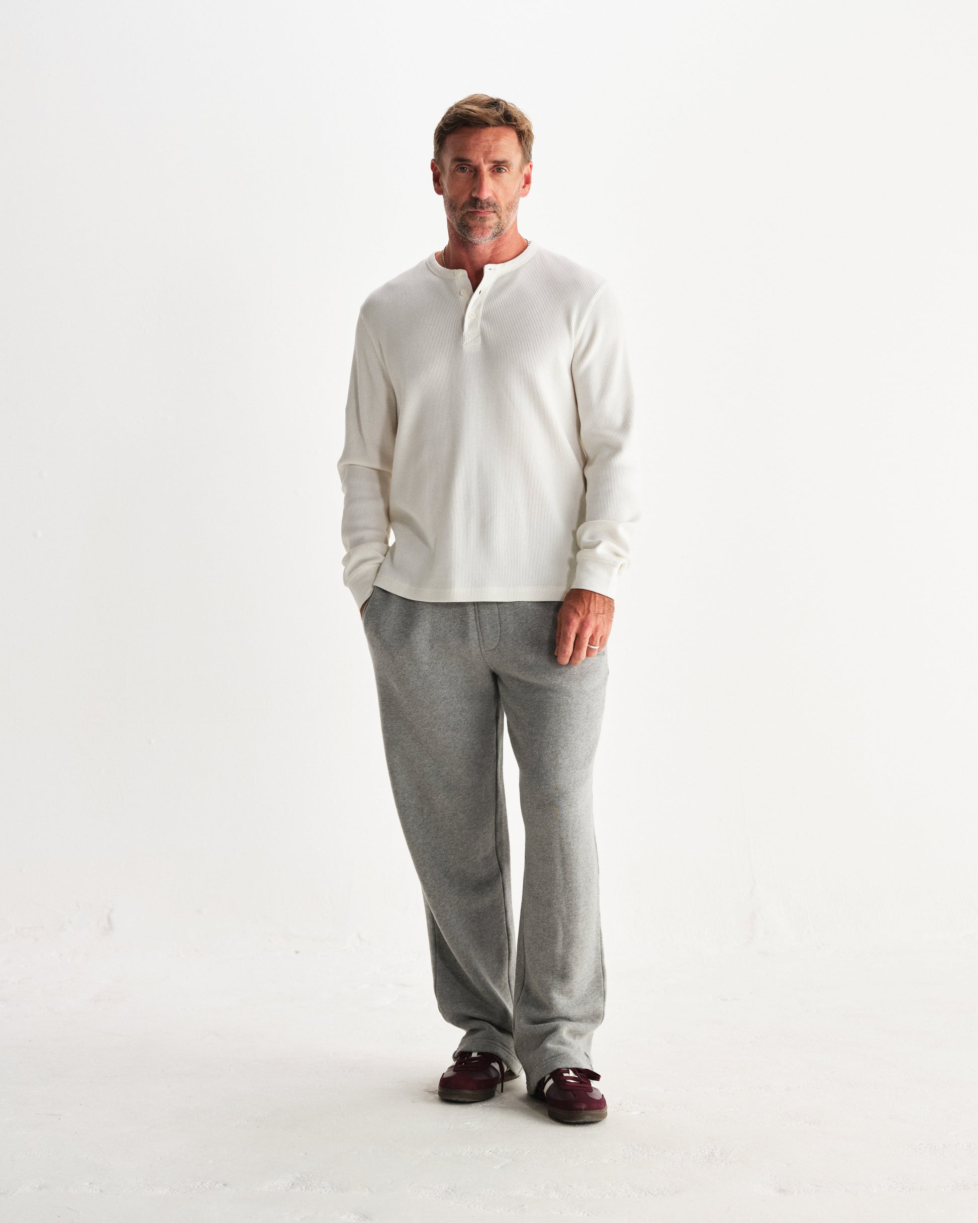 wax london men's Halton - Ecru Waffle Long-Sleeve Henley T-Shirt
