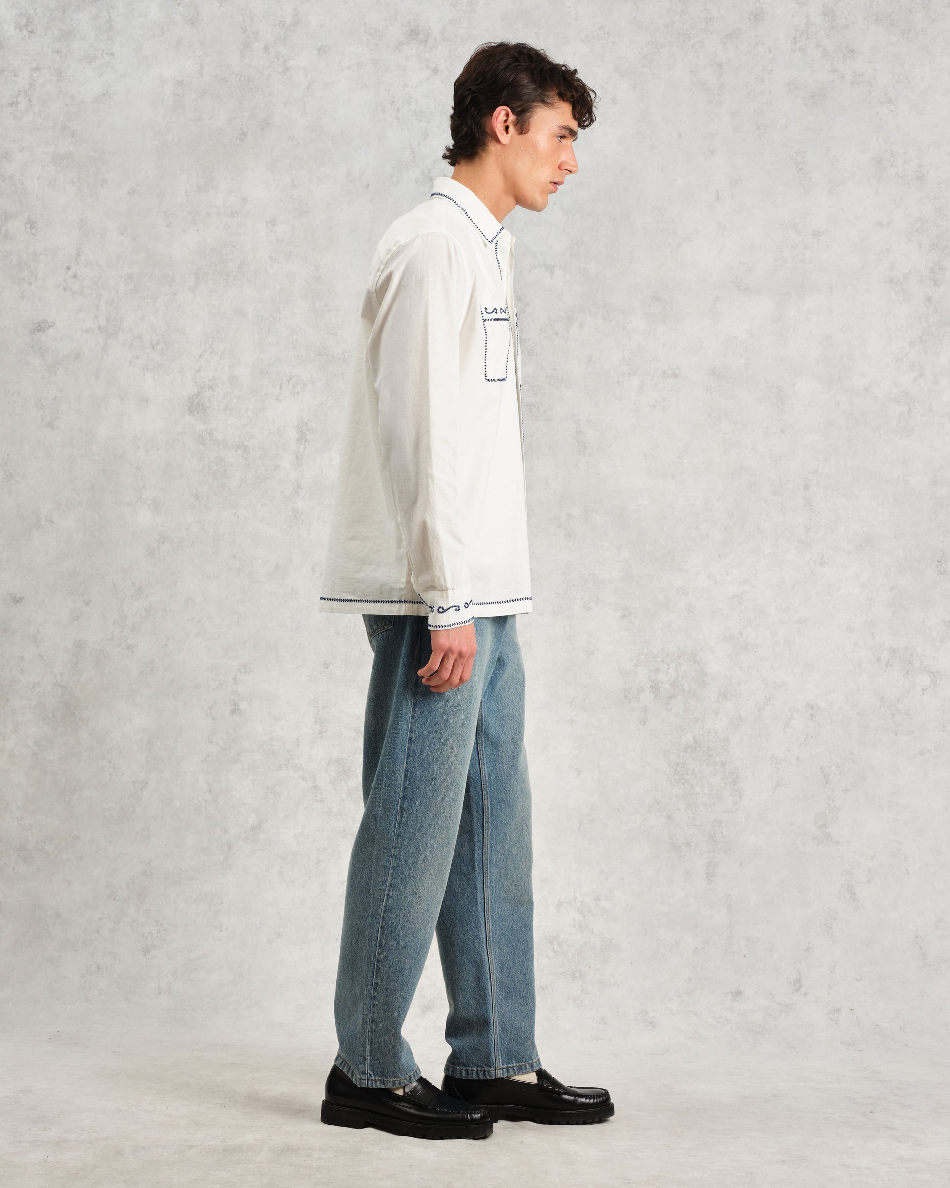 wax london men's Haven - Ecru And Blue Embroidered Shirt