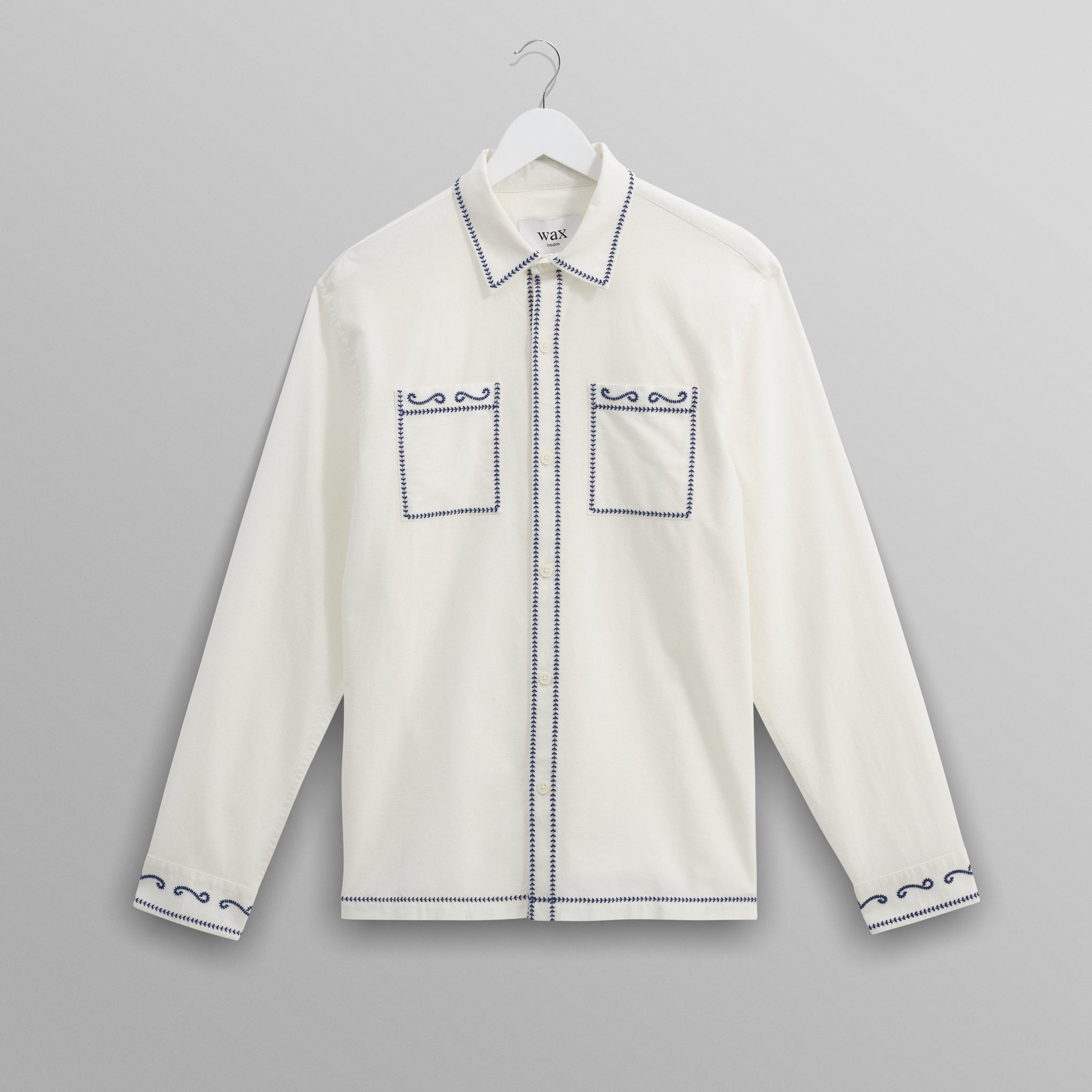 wax london men's Haven - Ecru And Blue Embroidered Shirt