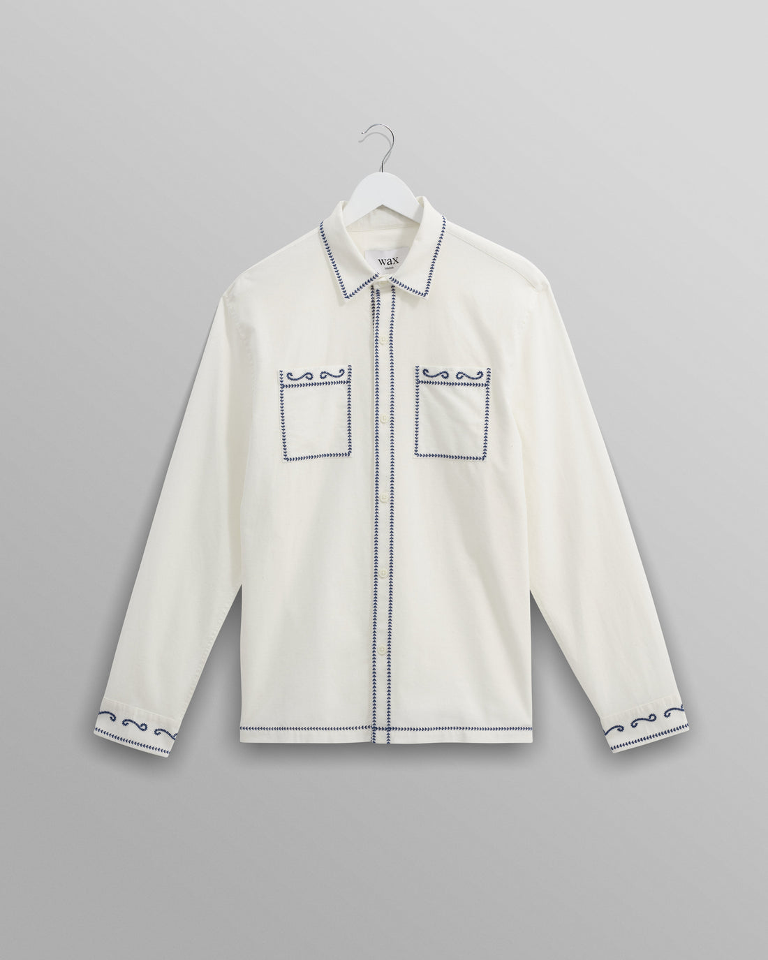 wax london men's Haven - Ecru And Blue Embroidered Shirt