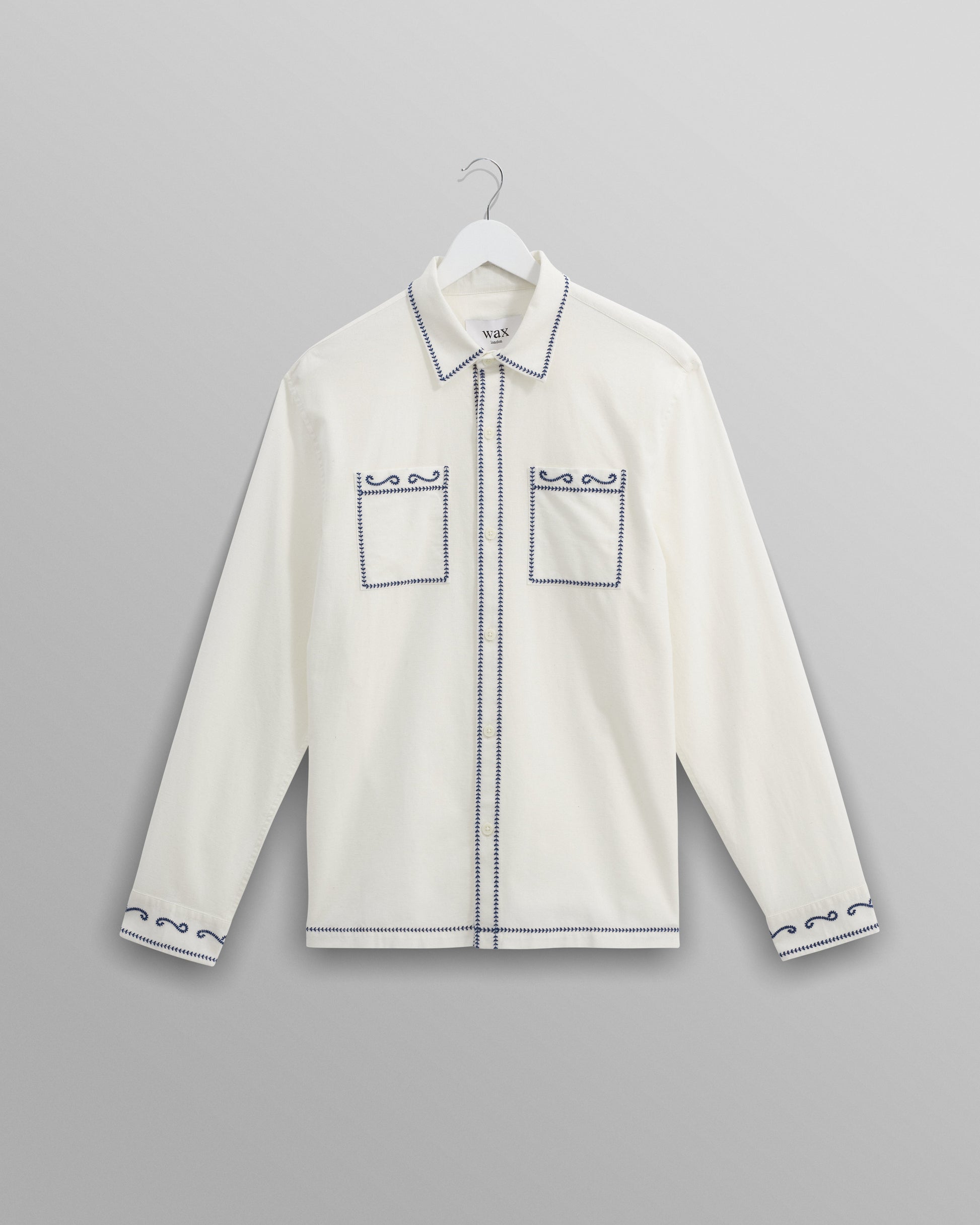 wax london men's Haven - Ecru And Blue Embroidered Shirt
