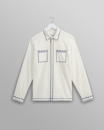 wax london men's Haven - Ecru And Blue Embroidered Shirt
