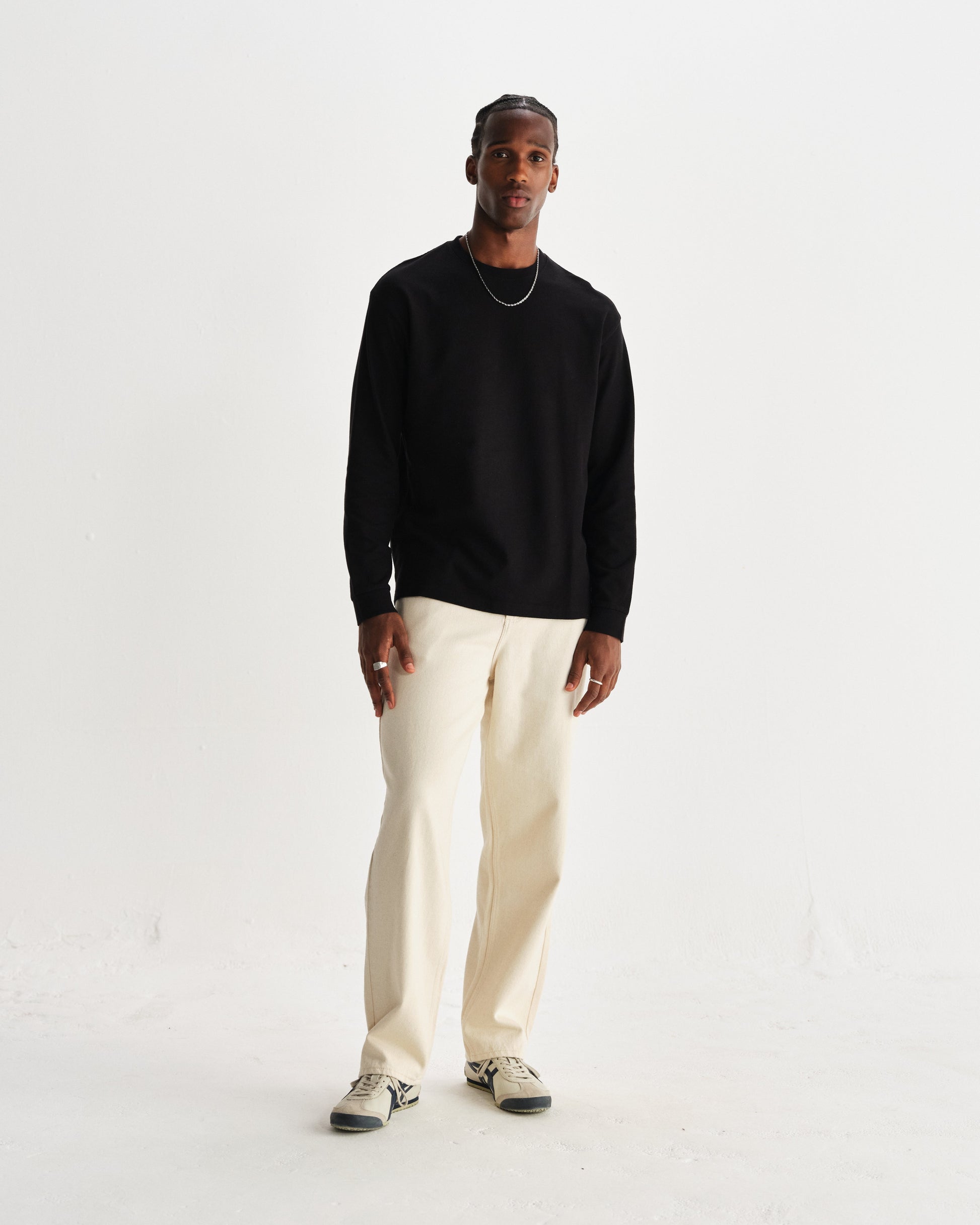 wax london men's Hayden - Black Textured Organic Cotton Long Sleeve T-Shirt