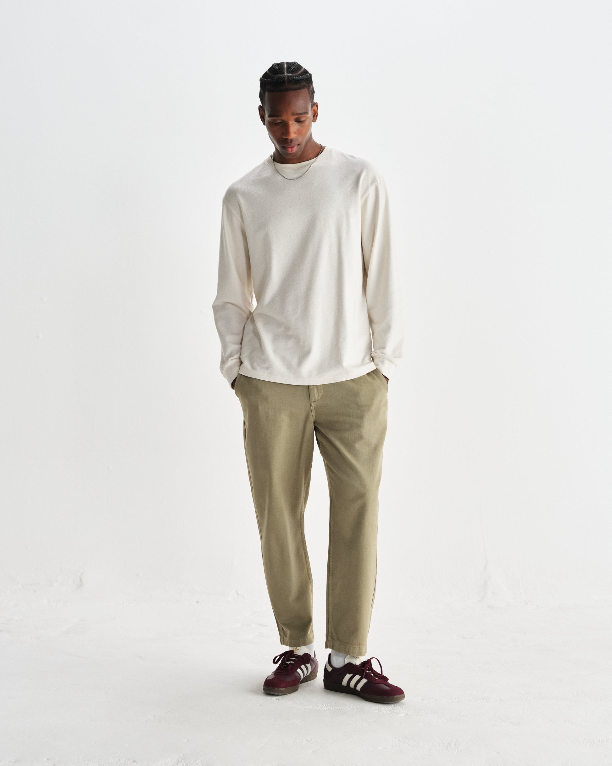 wax london men's Hayden - Ecru Textured Organic Cotton Long Sleeve T-Shirt
