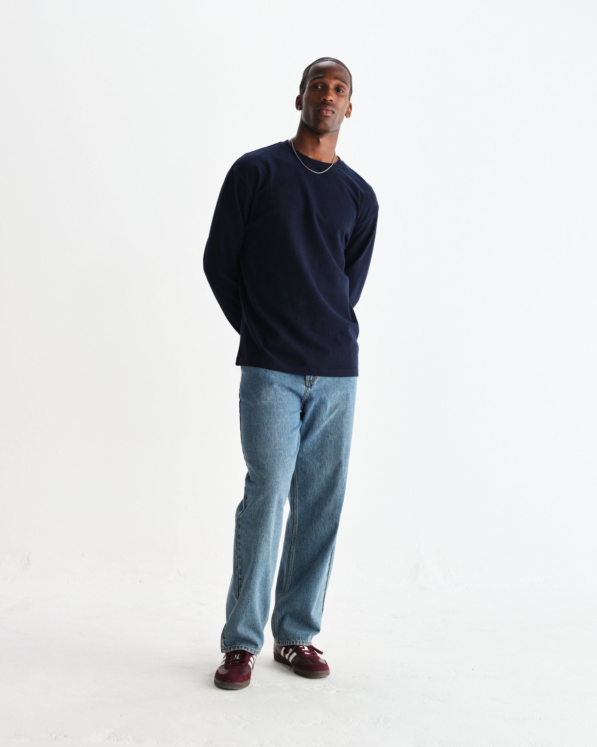 wax london men's Hayden - Navy Textured Organic Cotton Long Sleeve T-Shirt