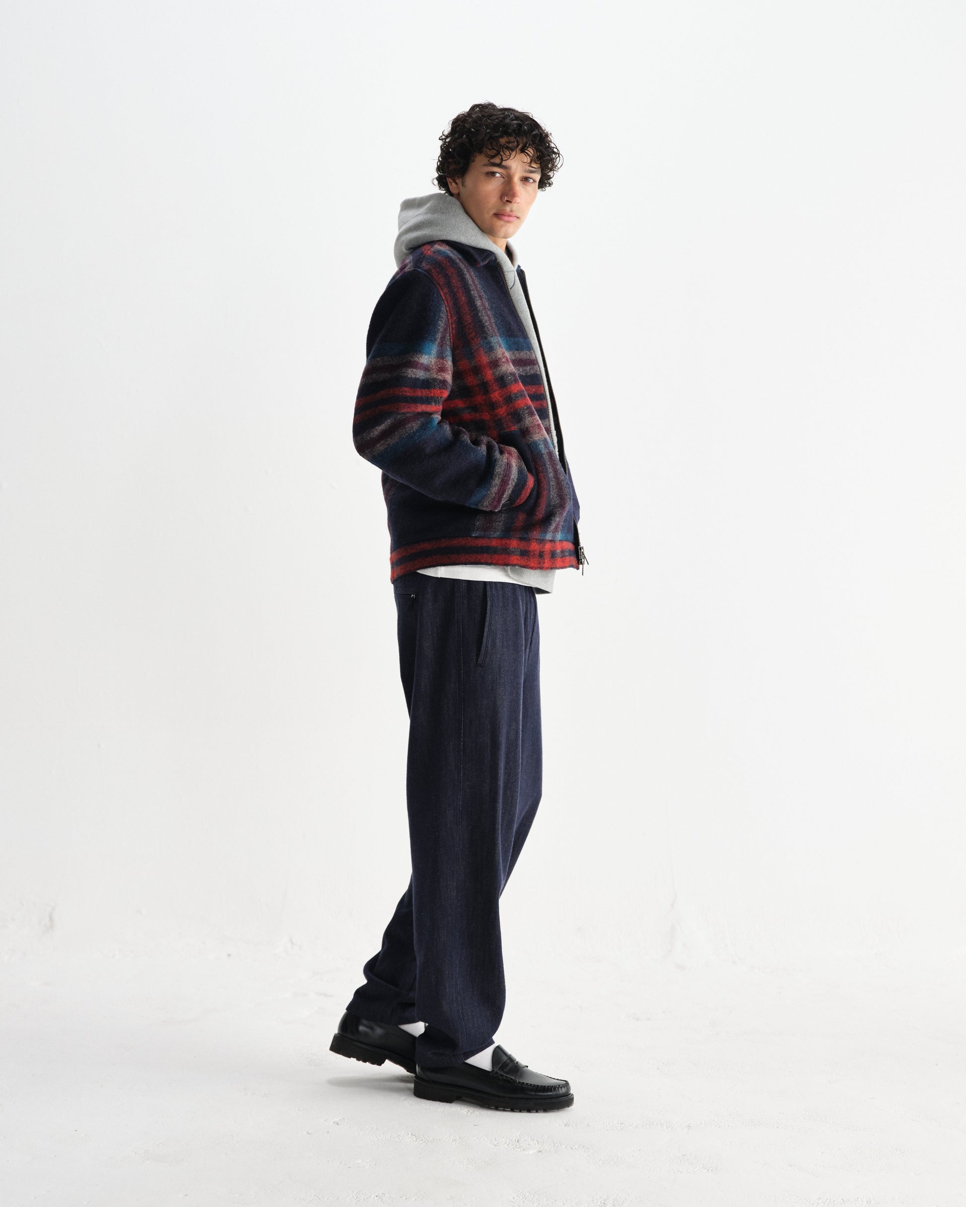 wax london men's Heath - Navy And Multicolour Wool Check Jacket