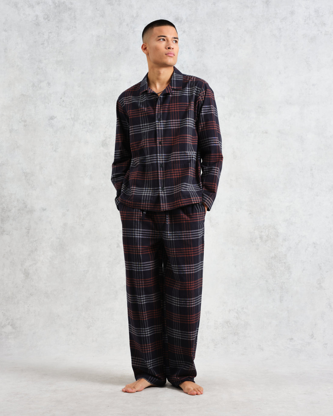 wax london men's Hutton - Navy And Orange Check Flannel Lounge Trouser
