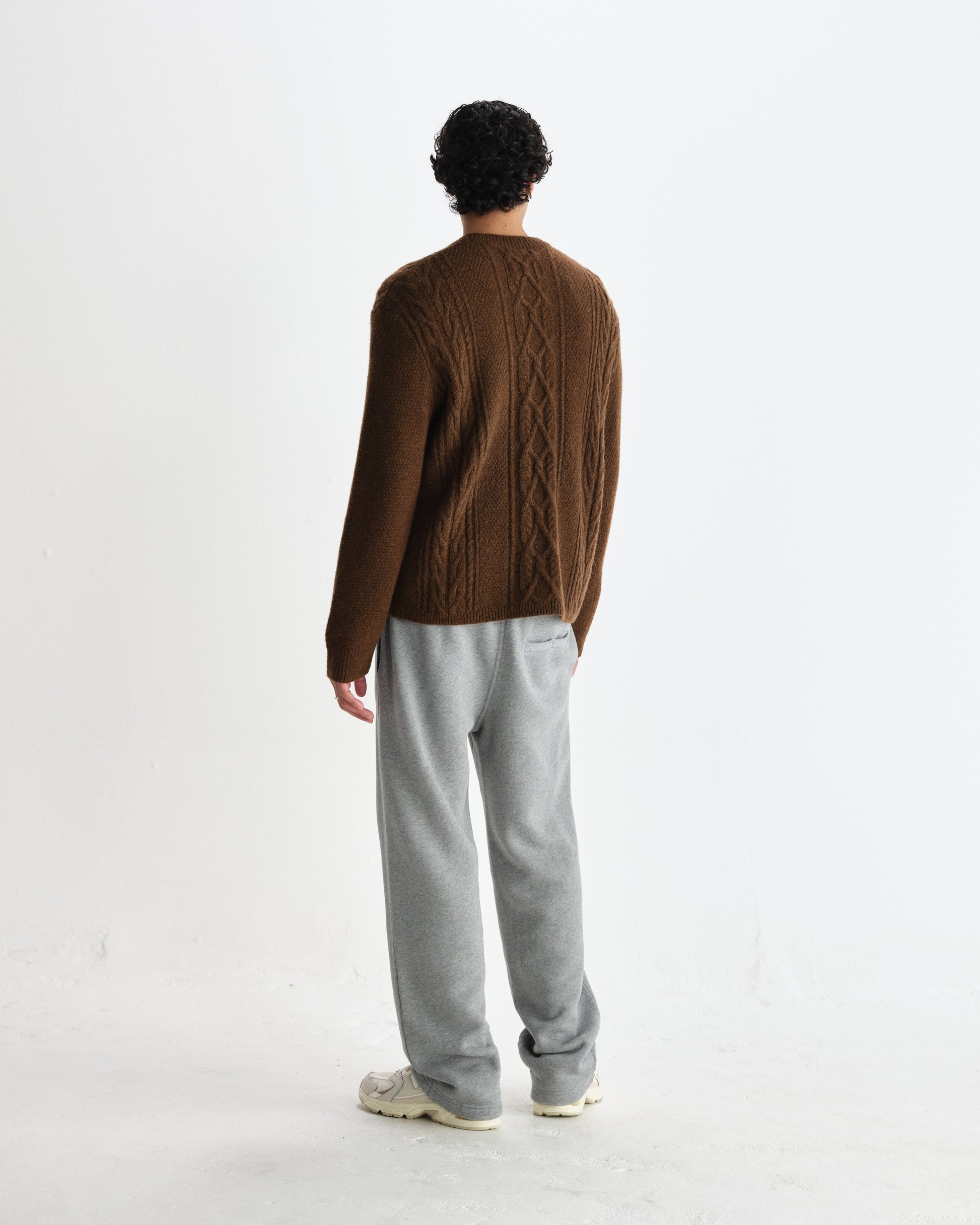 wax london men's Hyatt - Brown Brush Cable Knit Crewneck Jumper