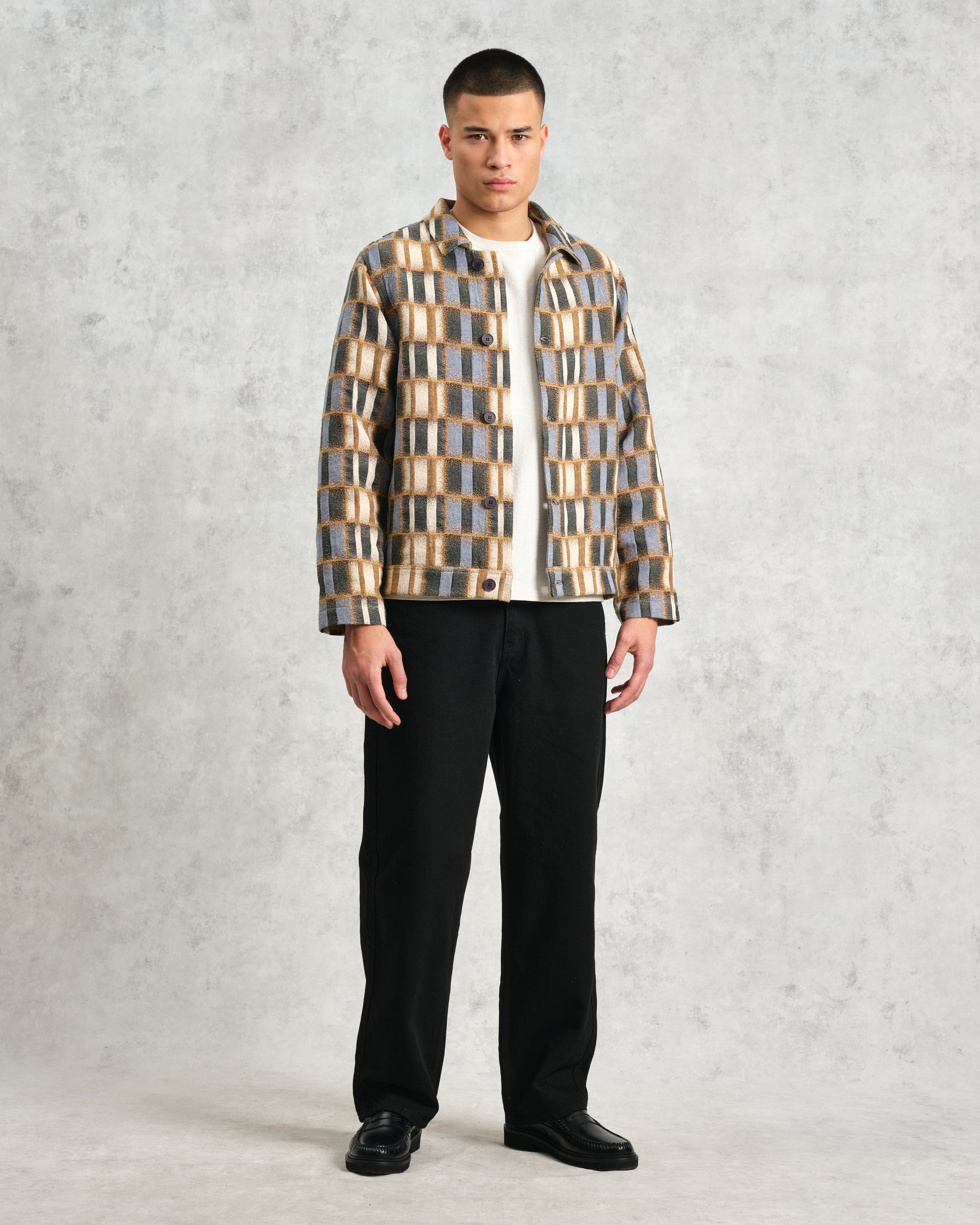 wax london men's Iggy - Beige And Blue Ombre Grid Jacket
