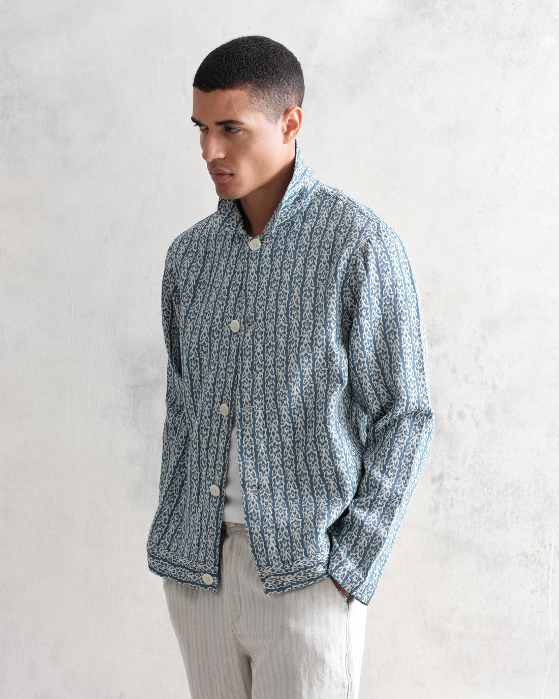 wax london men's Iggy - Blue And Ecru Floral Stripe Jacket