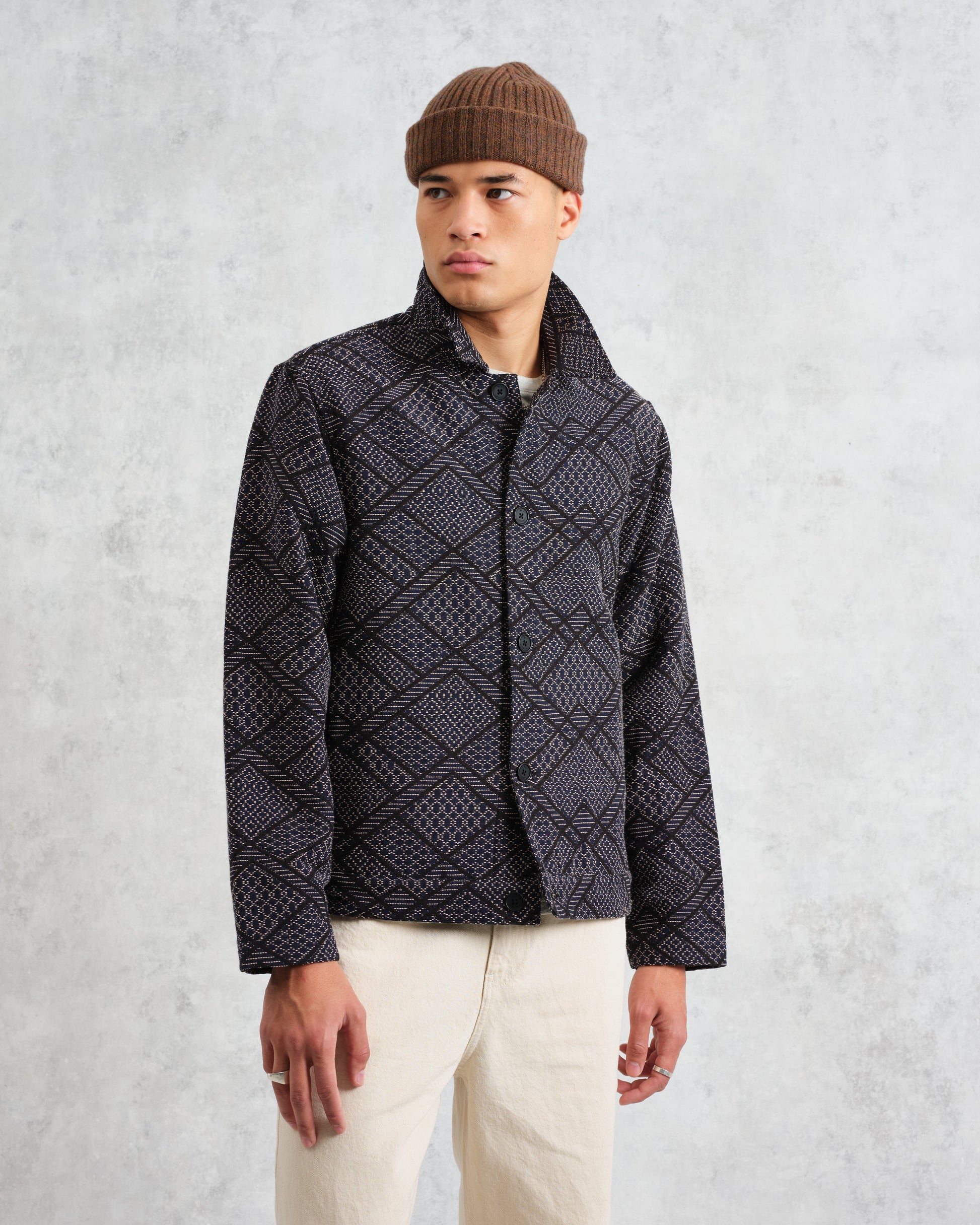 wax london men's Iggy - Navy Diamond Stitch Jacquard Jacket