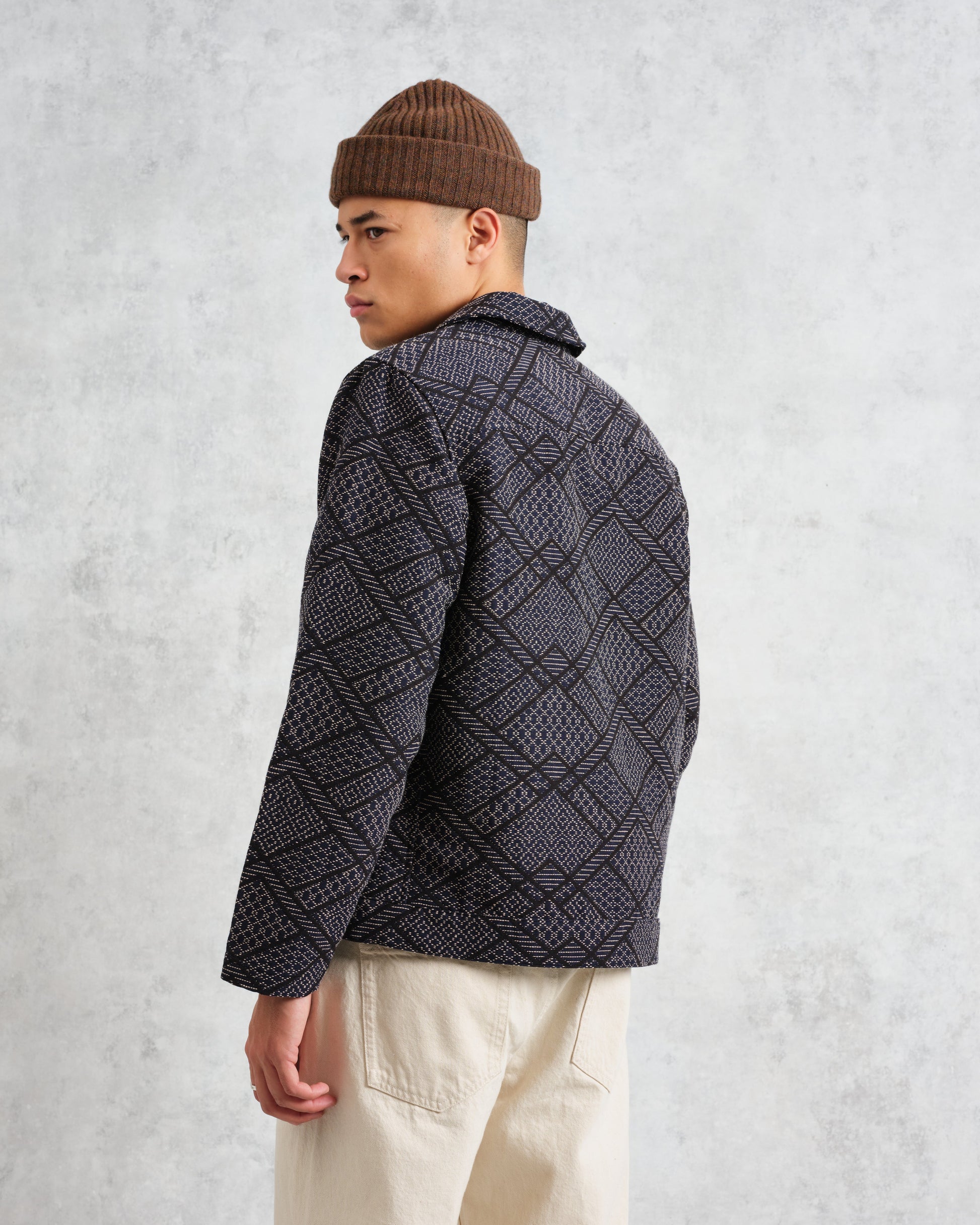 wax london men's Iggy - Navy Diamond Stitch Jacquard Jacket