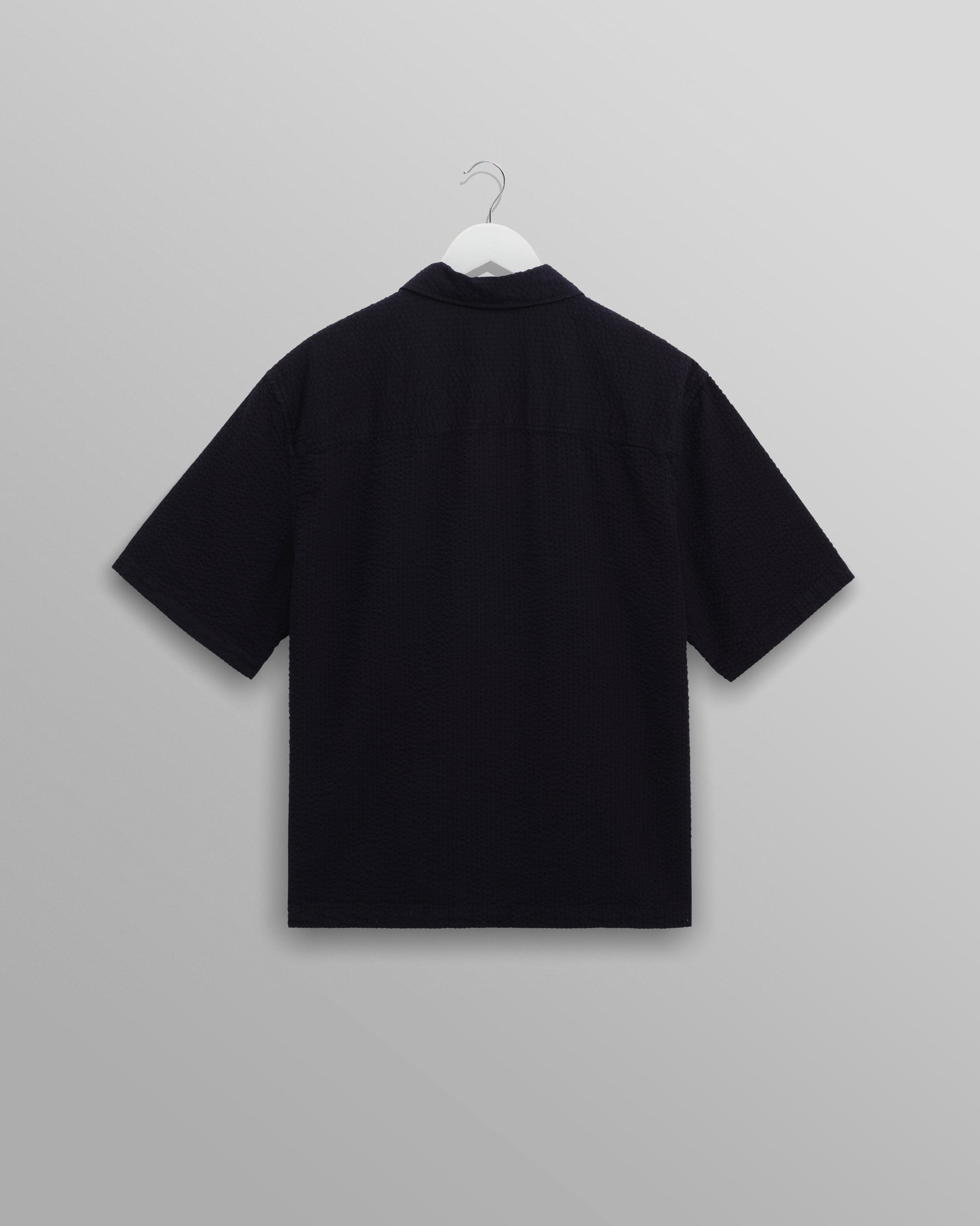 wax london men's Keats - Navy Cotton Seersucker Short-Sleeve Shirt