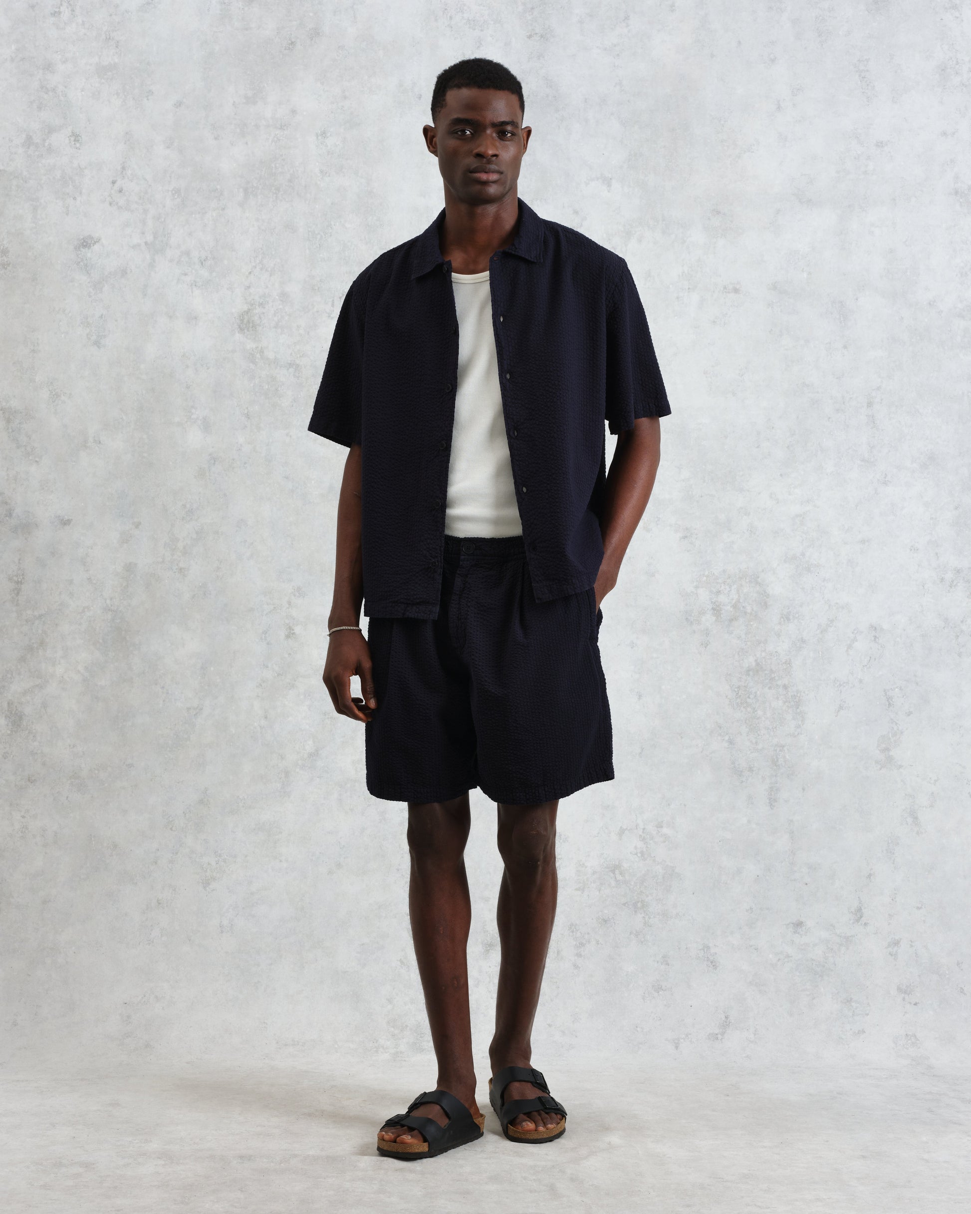 wax london men's Keats - Navy Cotton Seersucker Short-Sleeve Shirt