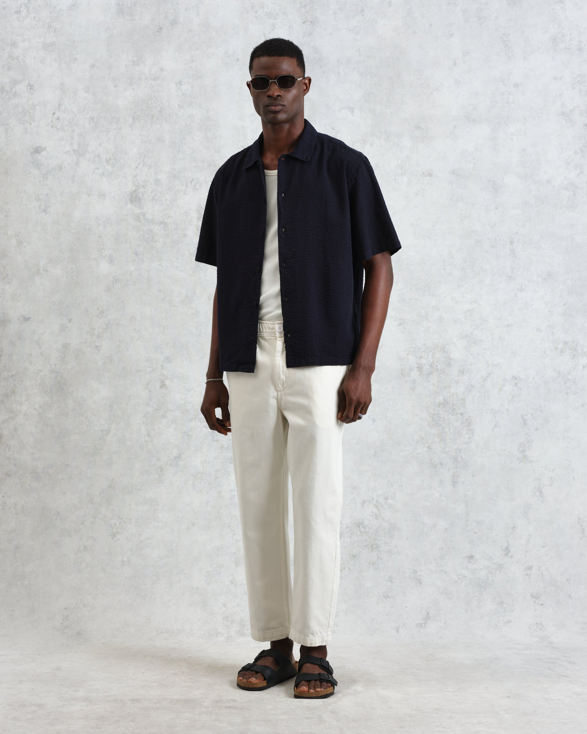 wax london men's Keats - Navy Cotton Seersucker Short-Sleeve Shirt