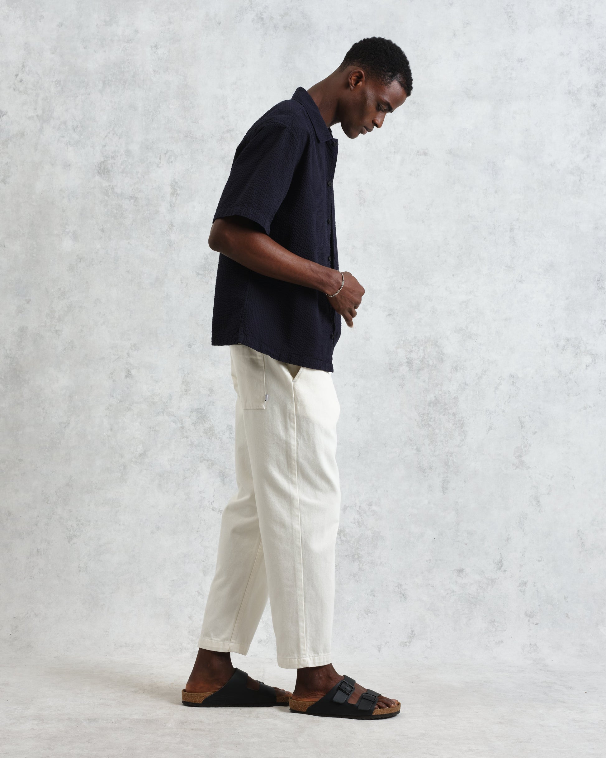 wax london men's Keats - Navy Cotton Seersucker Short-Sleeve Shirt
