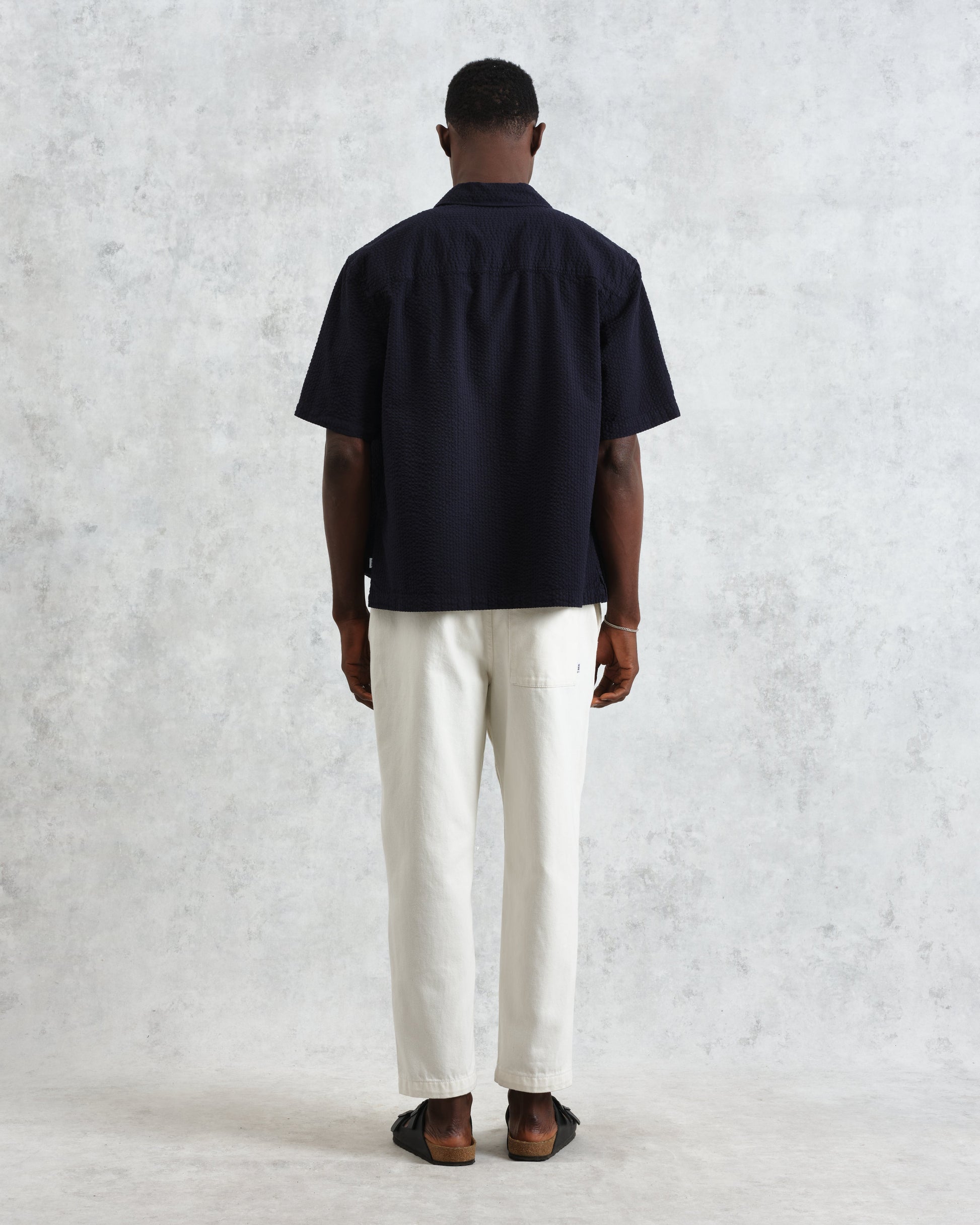 wax london men's Keats - Navy Cotton Seersucker Short-Sleeve Shirt
